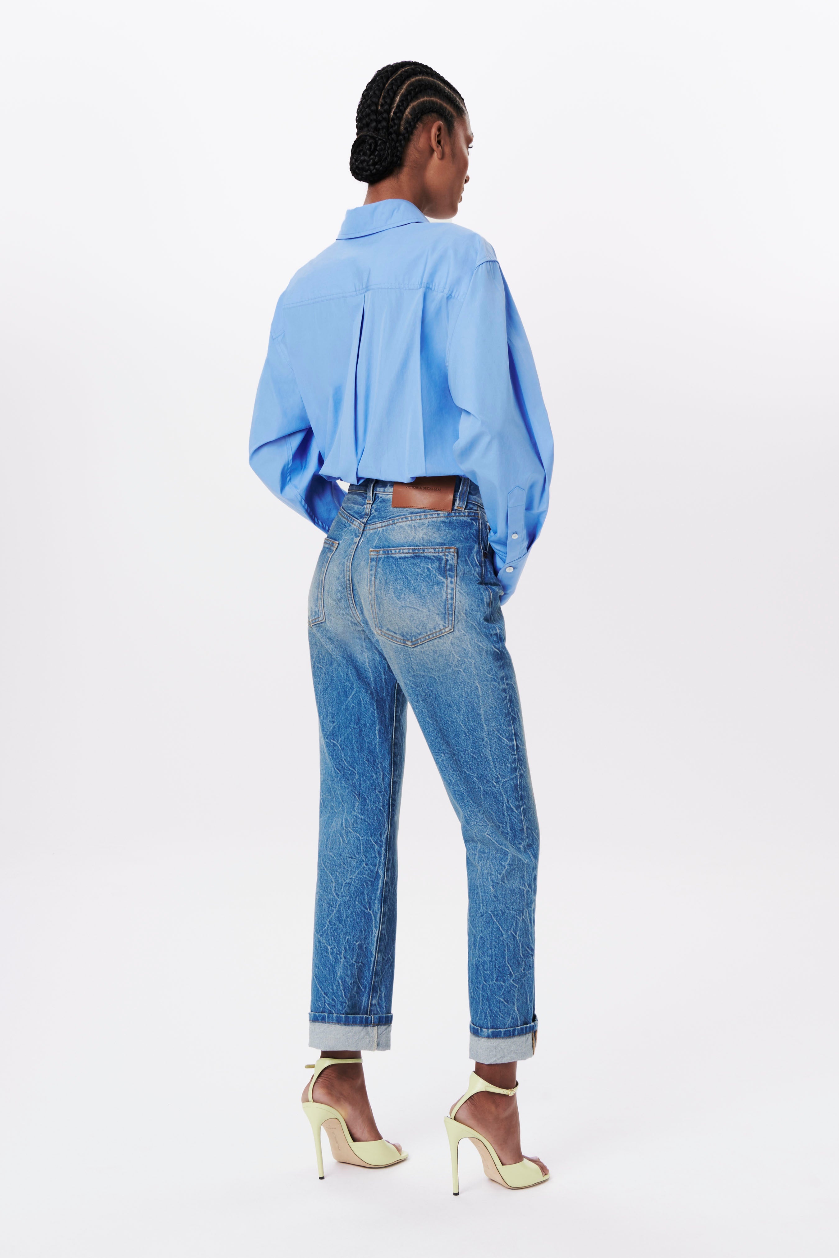 Cropped Long Sleeve Shirt in Oxford Blue - 3