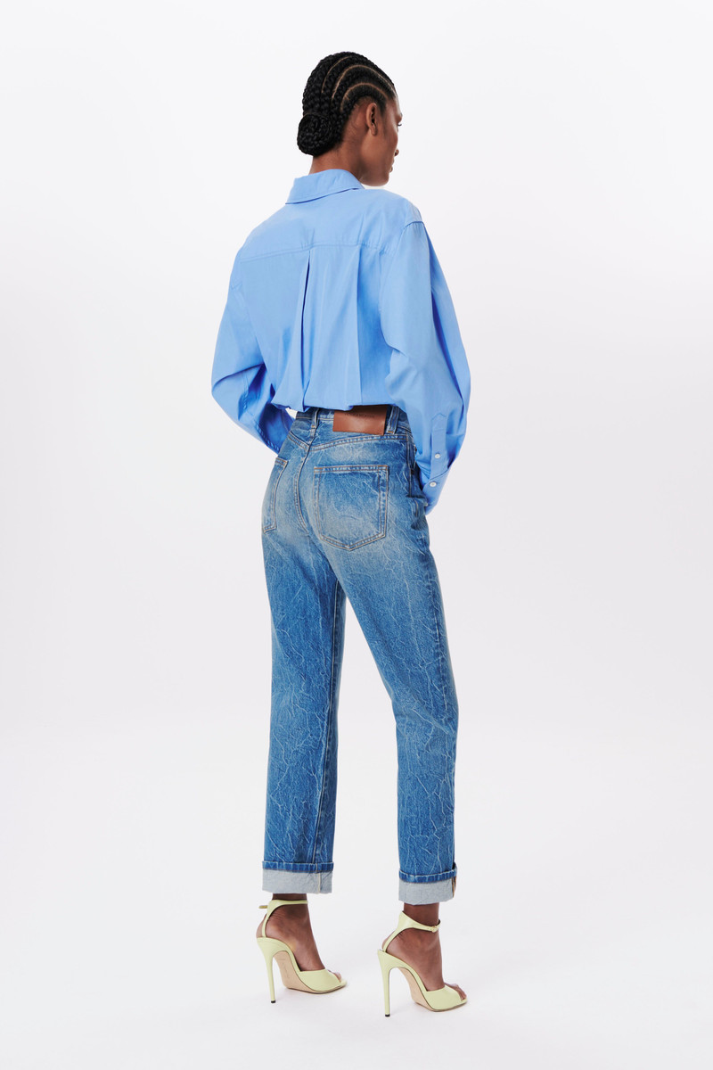 Cropped Long Sleeve Shirt in Oxford Blue 3