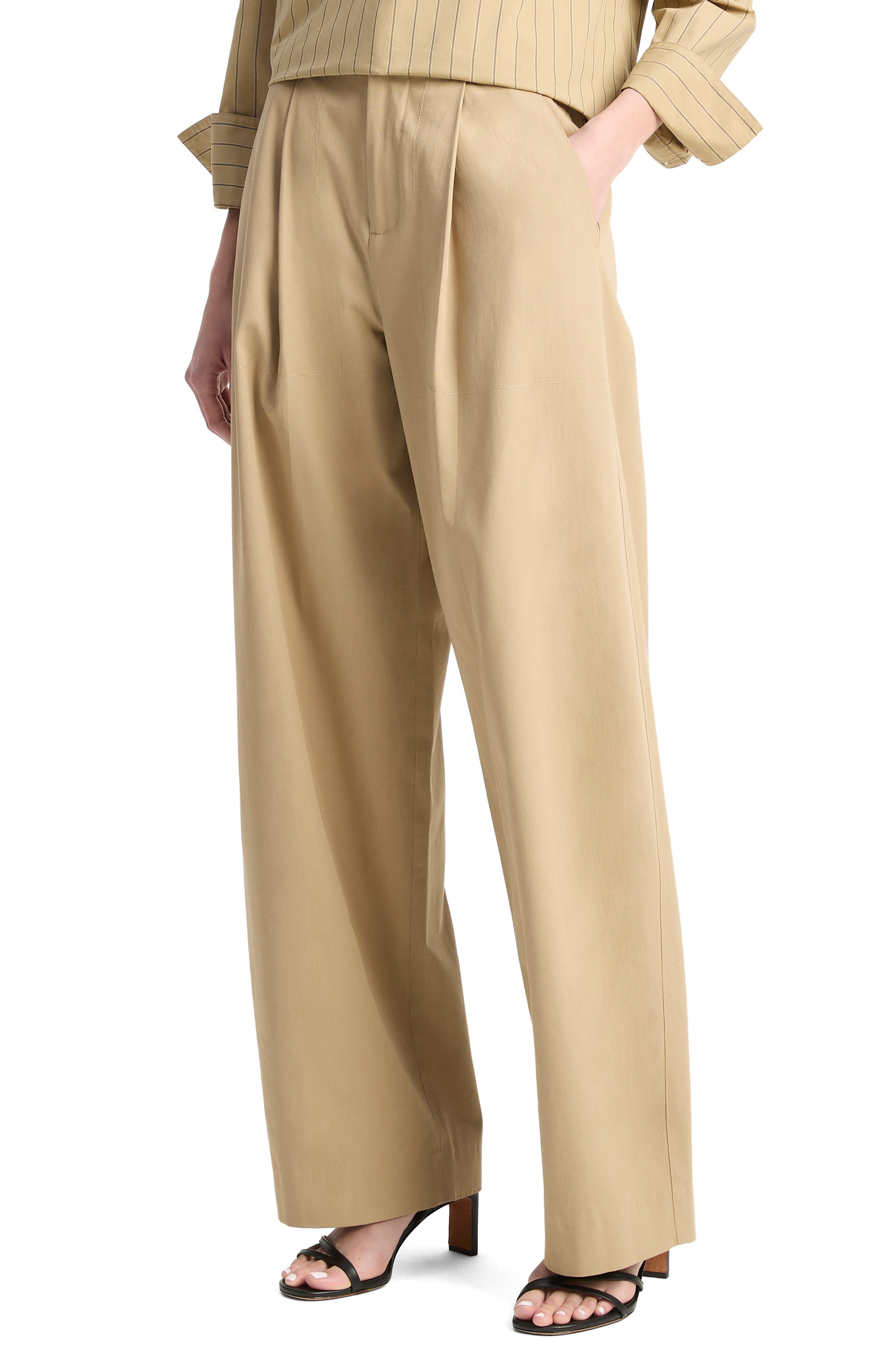 Vince Pleated Stretch Cotton Pants in Fawn at Nordstrom - 3