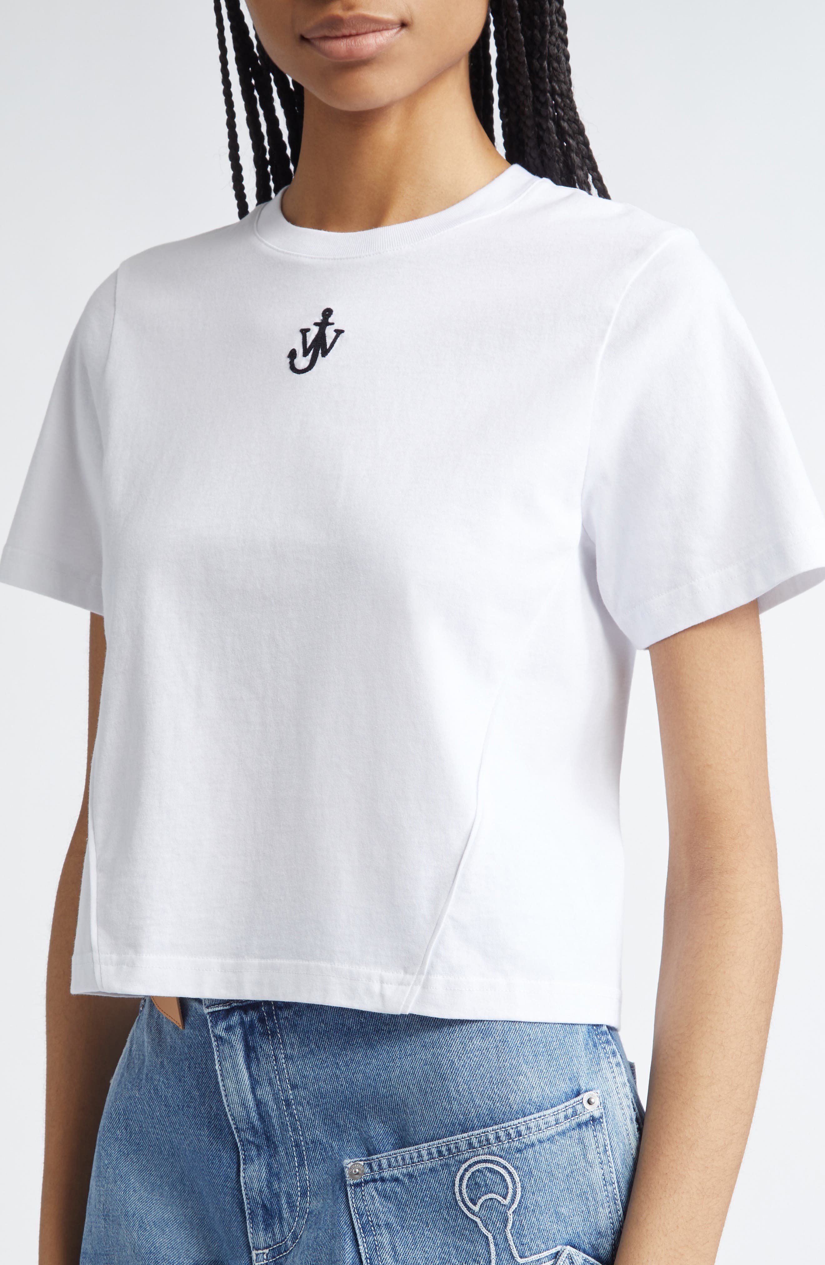 JW Anderson Panelled Anchor Embroidered Crop T-Shirt in White at Nordstrom - 4