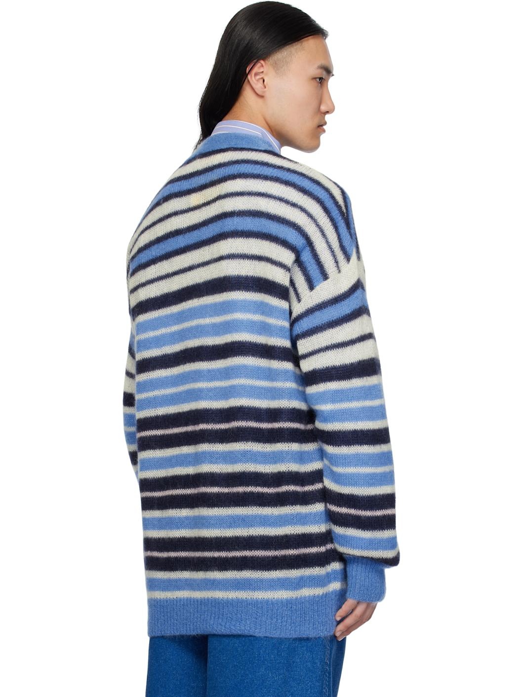 Blue & Black Lightweight Fuzzy Wuzzy Stripe Cardigan - 3