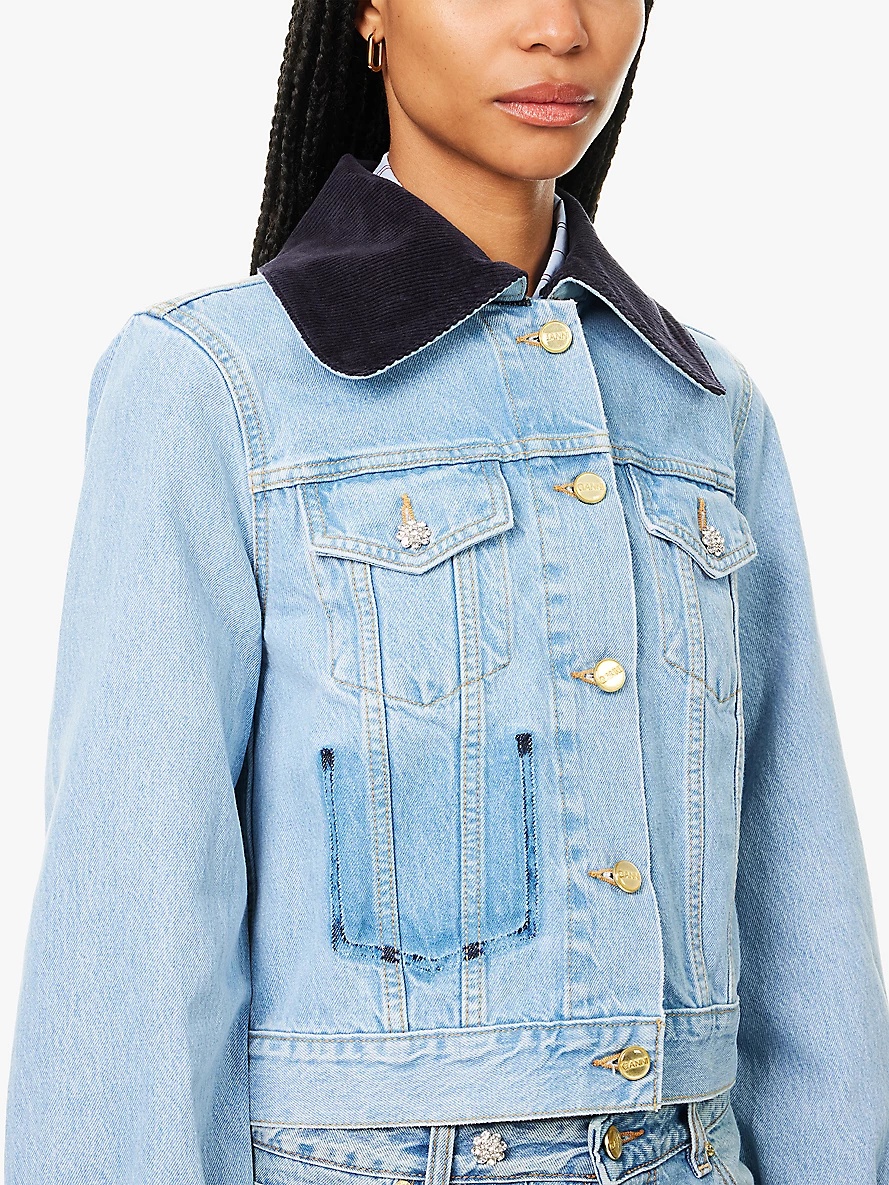 Rigid corduroy-collar regular-fit organic-denim jacket - 5