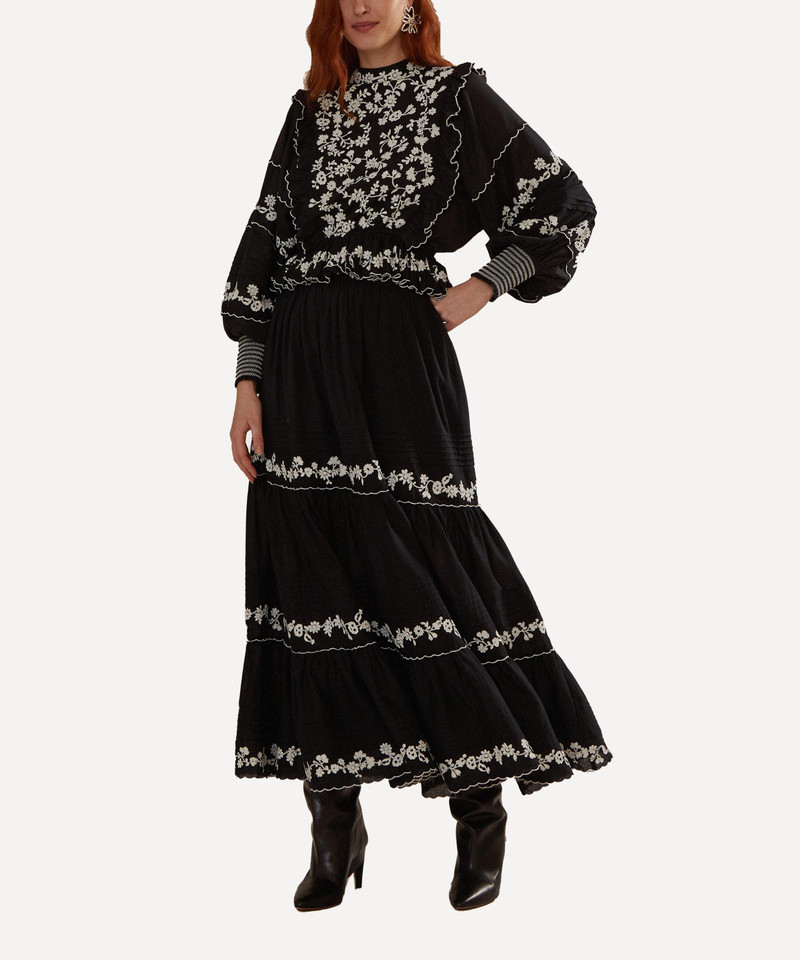 FARM RIO Black Embroidered Ruffle Maxi Skirt outlook