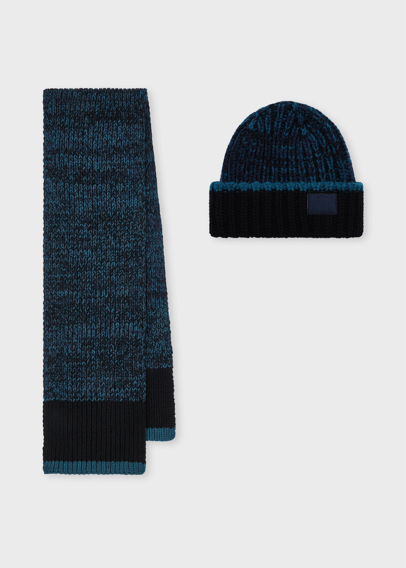 Lambswool Twisted Yarn Blue and Black Beanie and Scarf Set 1