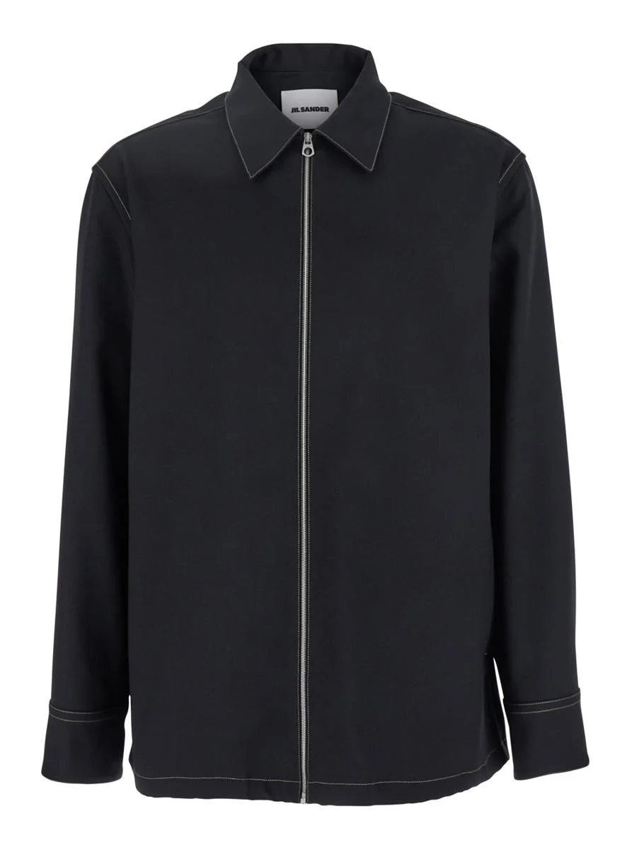 Jil Sander Black Zip-Up Shirt With Contrasting Stitching In Tech Fabric Man - 1