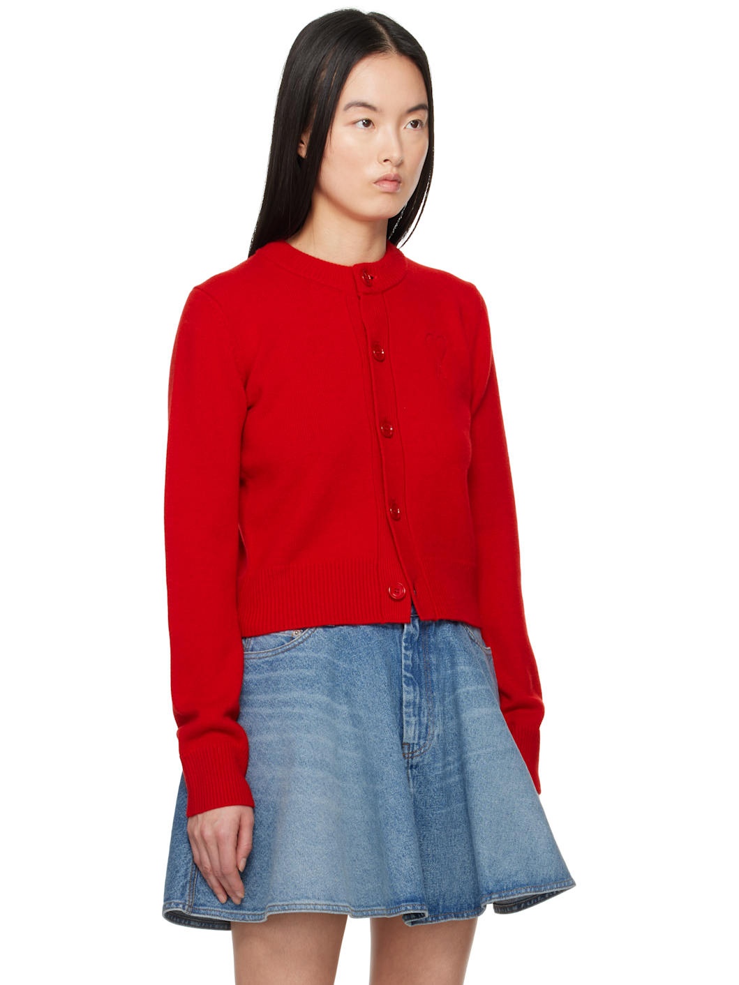 Red Wool Knit Ami de Coeur Crewneck Cardigan - 2