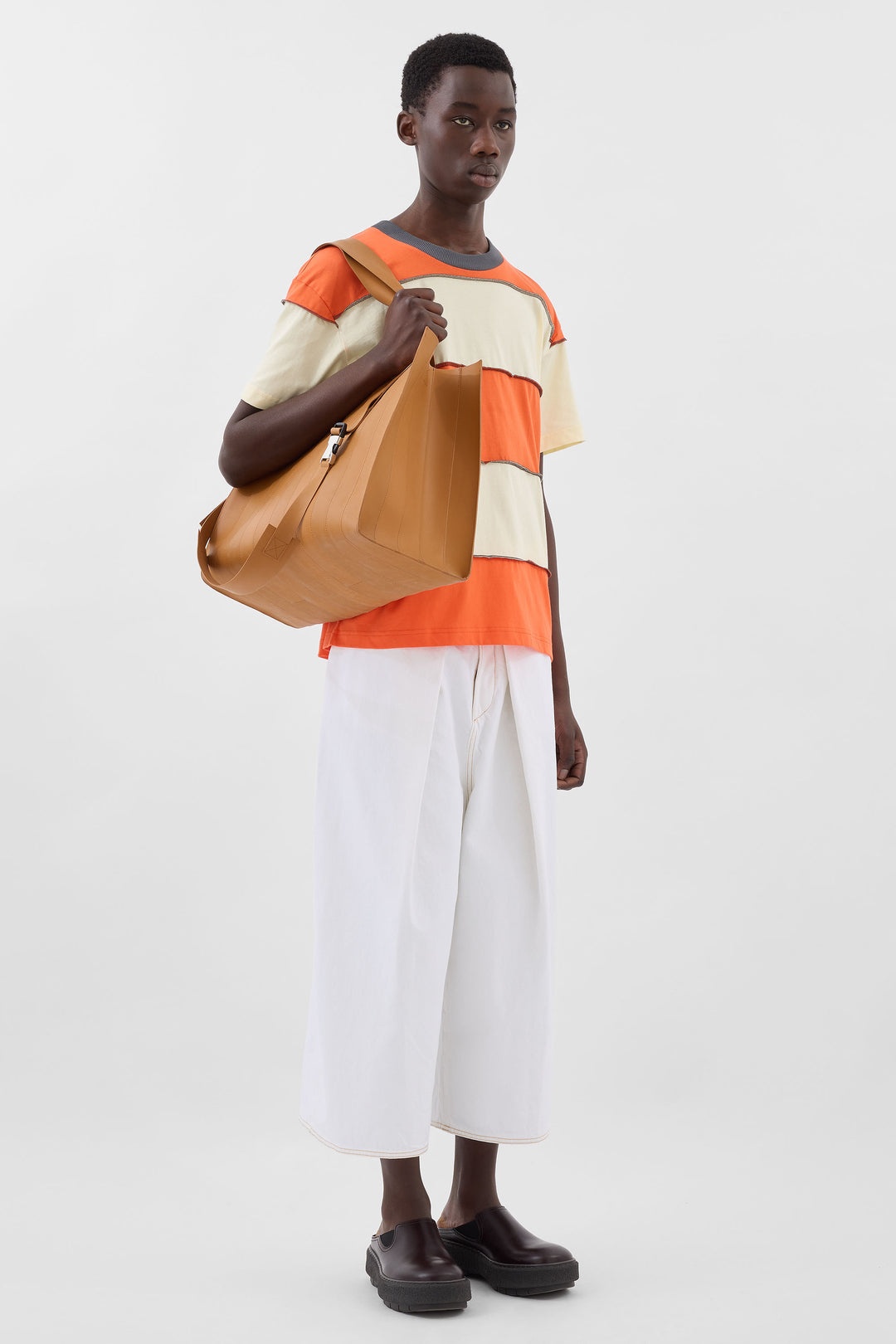 STRIPED T-SHIRT W/ CUTS / off white & orange - 4