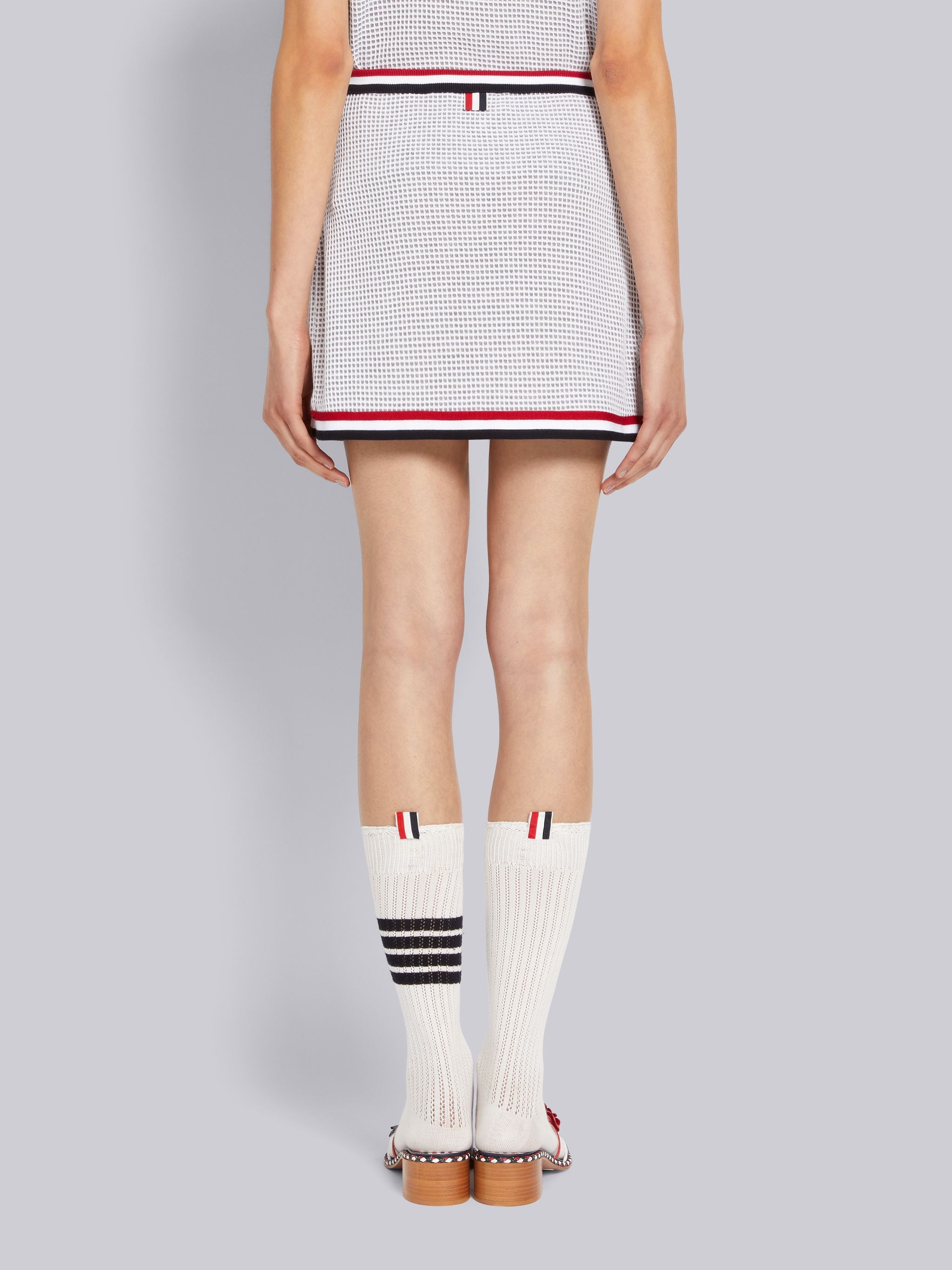 Light Grey Textured Bicolor Cotton Check Stripe Framing Mini Wrap Skirt - 3