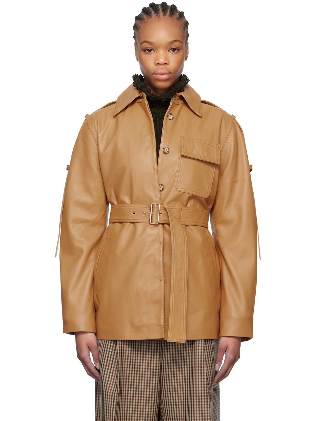 Tan Belted Boxy Leather Jacket - 1