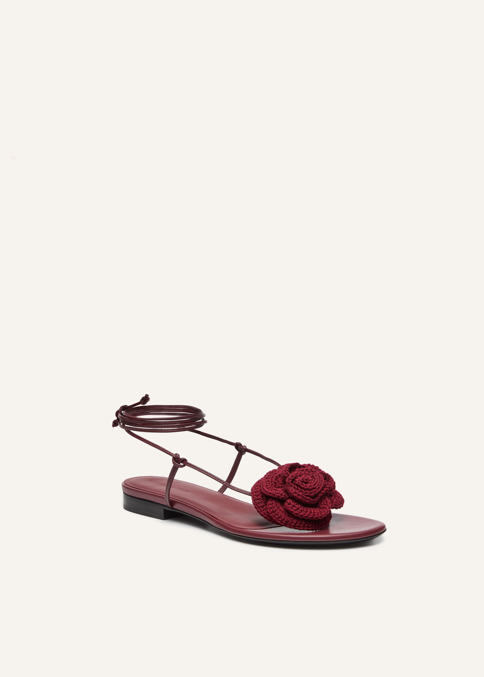 Wrap around flat flower sandals in maroon crochet - 2