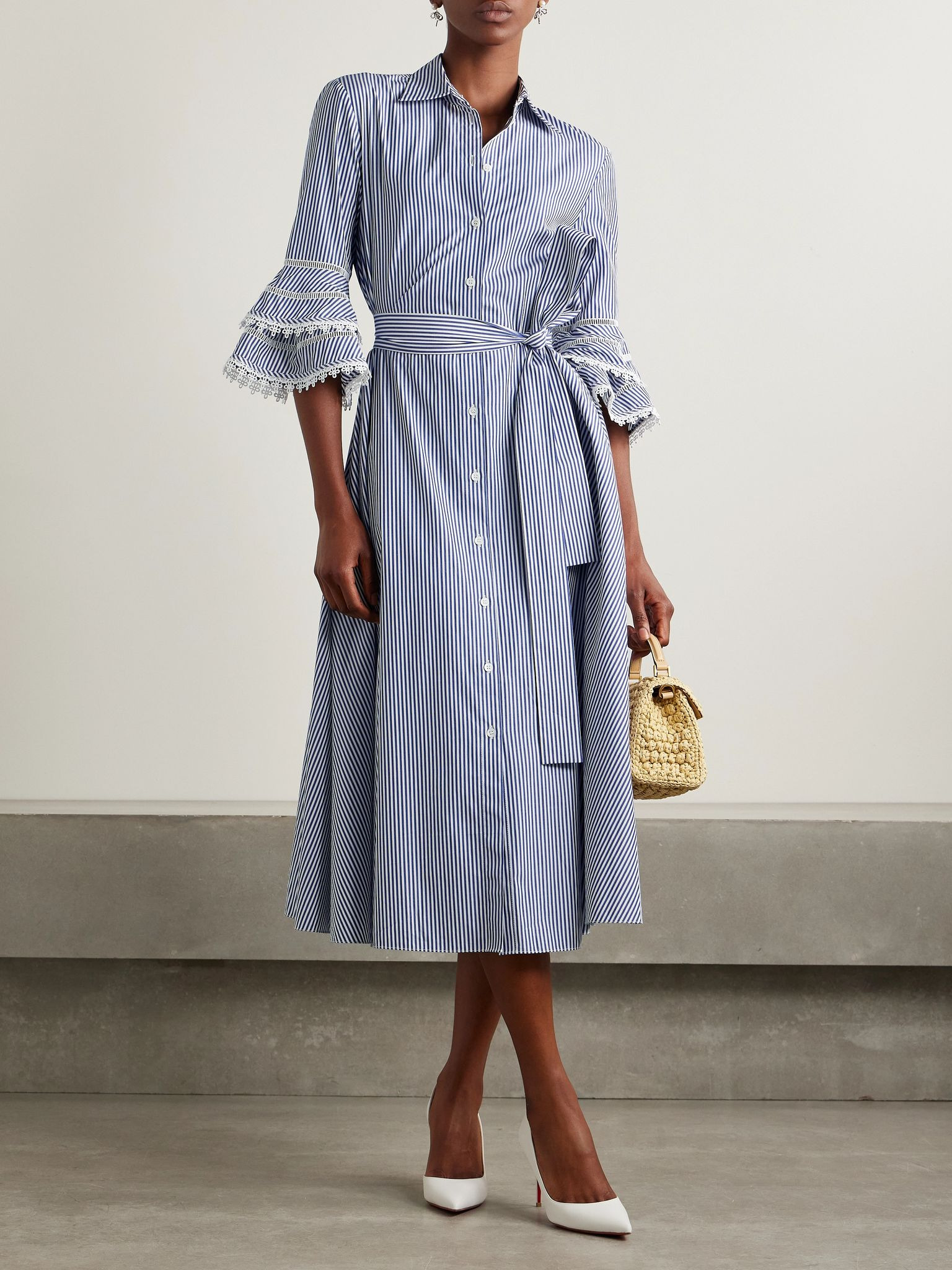Belted guipure lace-trimmed striped cotton-poplin midi shirt dress Blue - 2