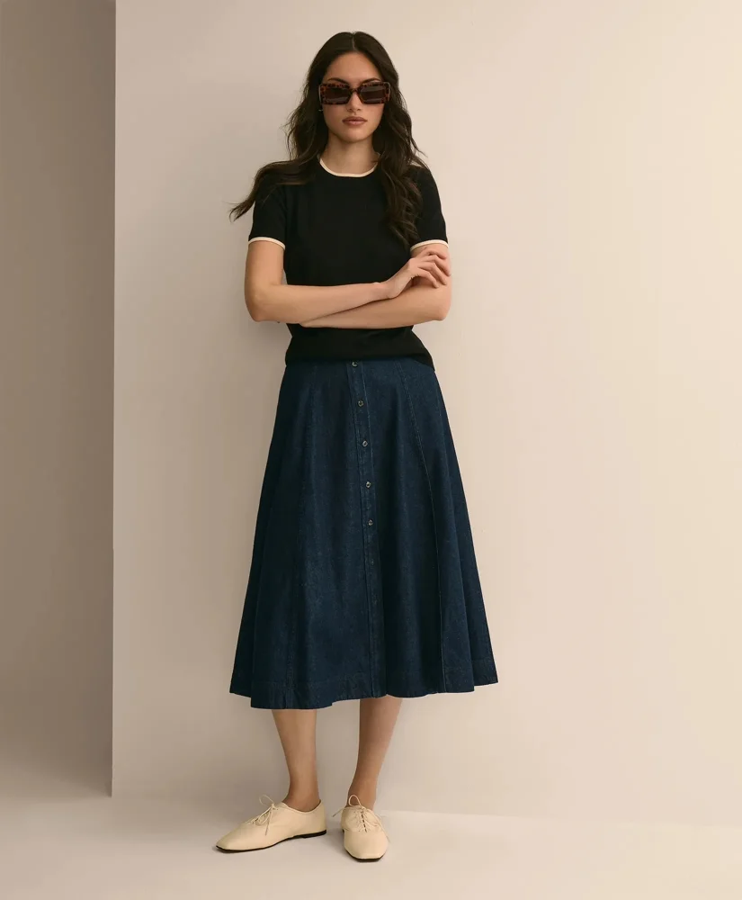 Cotton Denim Button-Front A-Line Skirt - 1