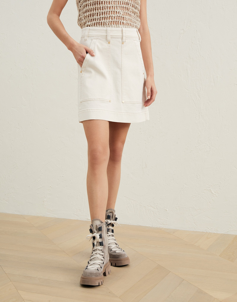 Garment-dyed comfort denim mini carpenter skirt with shiny tab 1