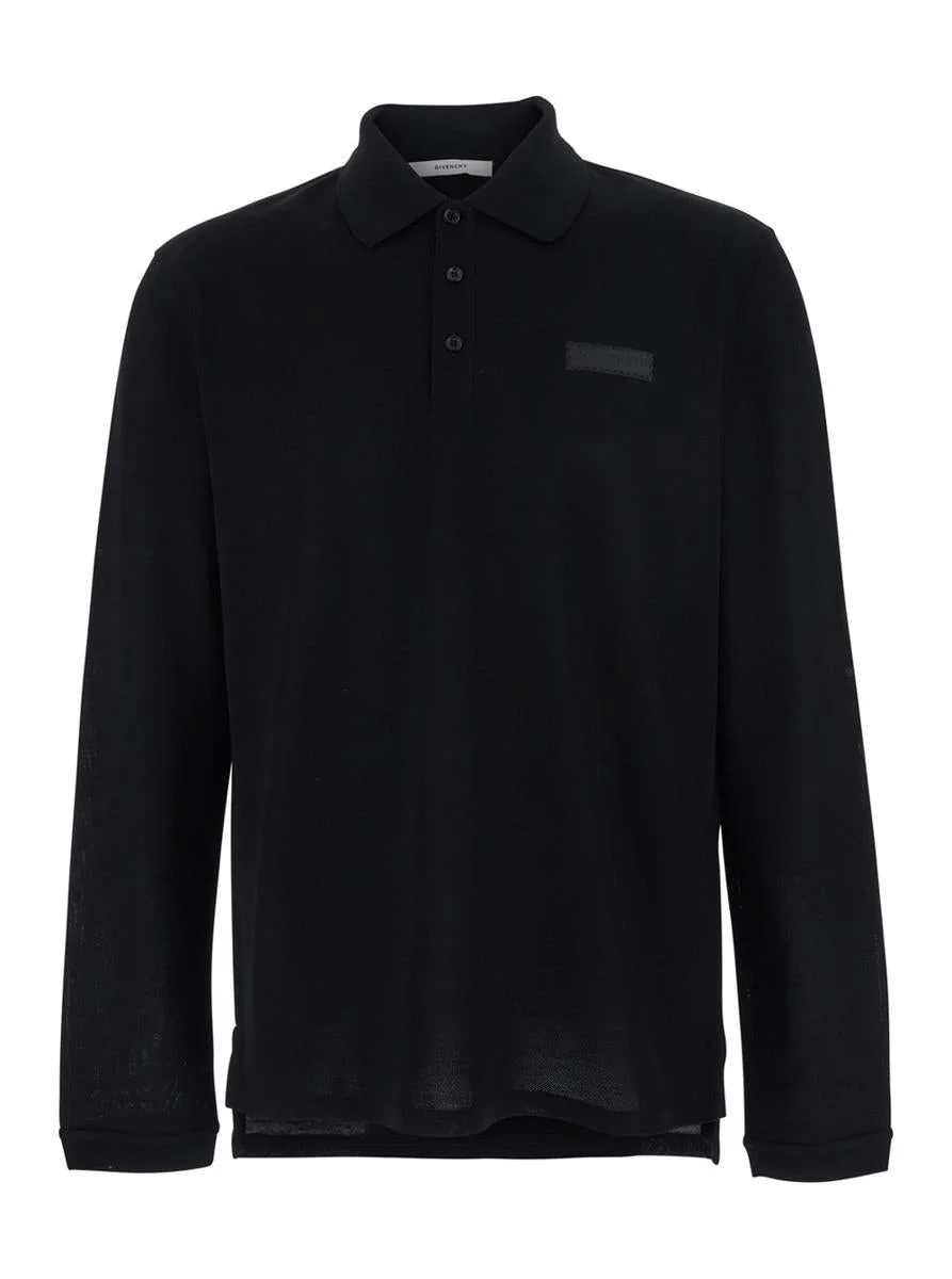 Givenchy Black Polo Shirt With Logn Sleeves And Chest Logo Patch In Cotton Man - 1