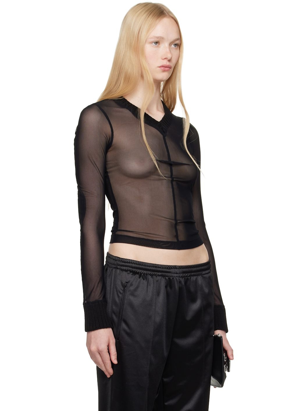 Black Elastic Jersey Mesh Long-Sleeved Sweater - 2