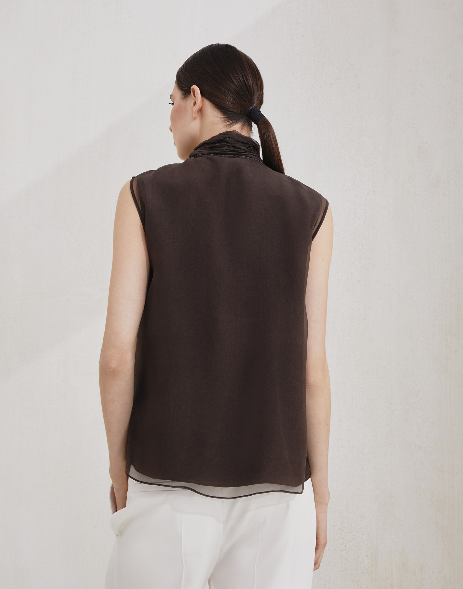 Crispy silk pussybow top with monili - 2