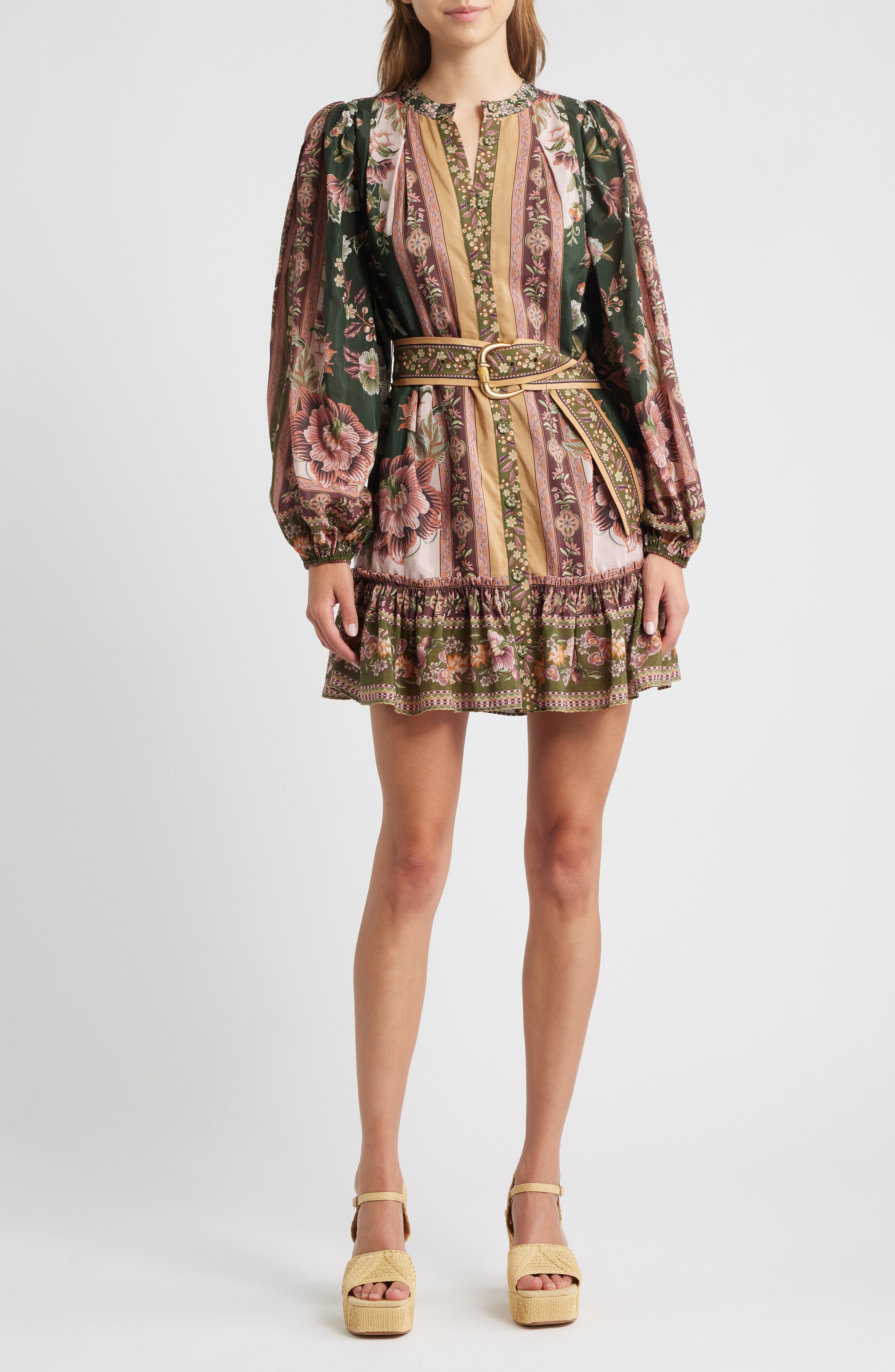 FARM Rio Flowering Garden Tree Long Sleeve Cotton Blend Minidress in Green at Nordstrom - 1
