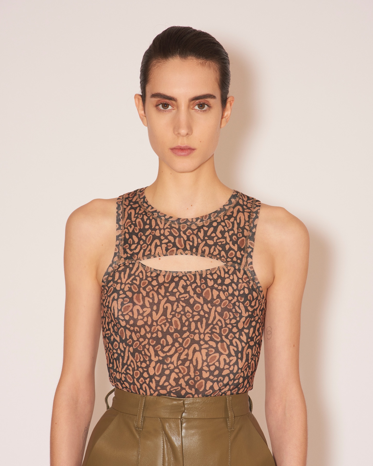 LIO - Mesh jersey cut-out tank top - Brown ocelot - 5