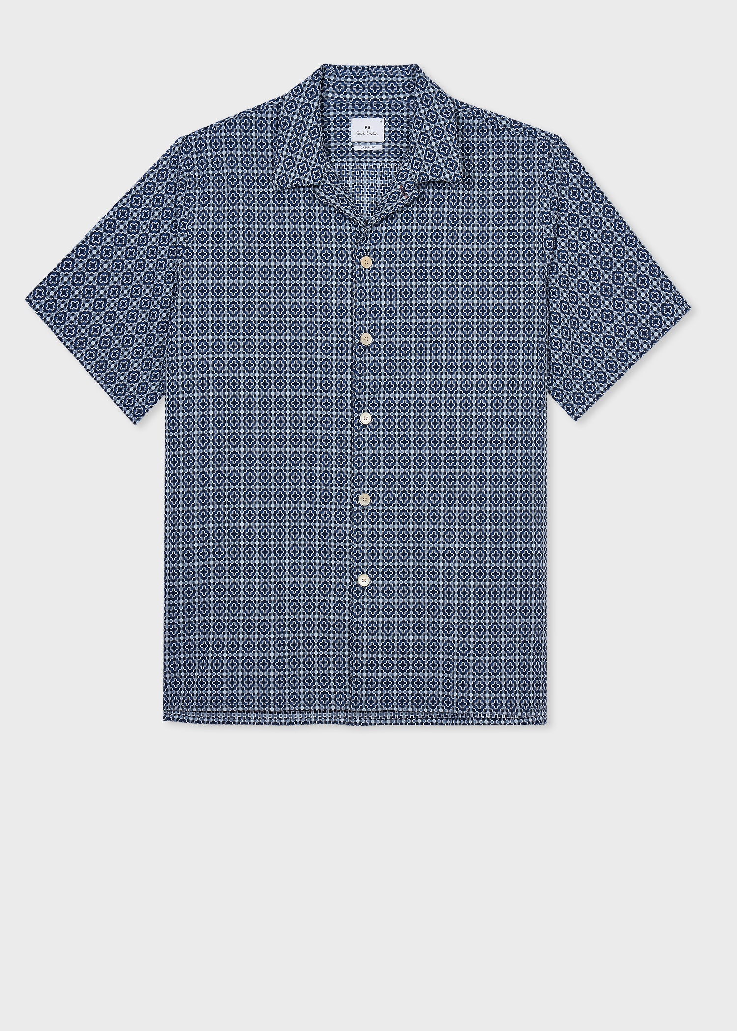 Blue Cotton Cross-Stitch Short-Sleeve Shirt - 1