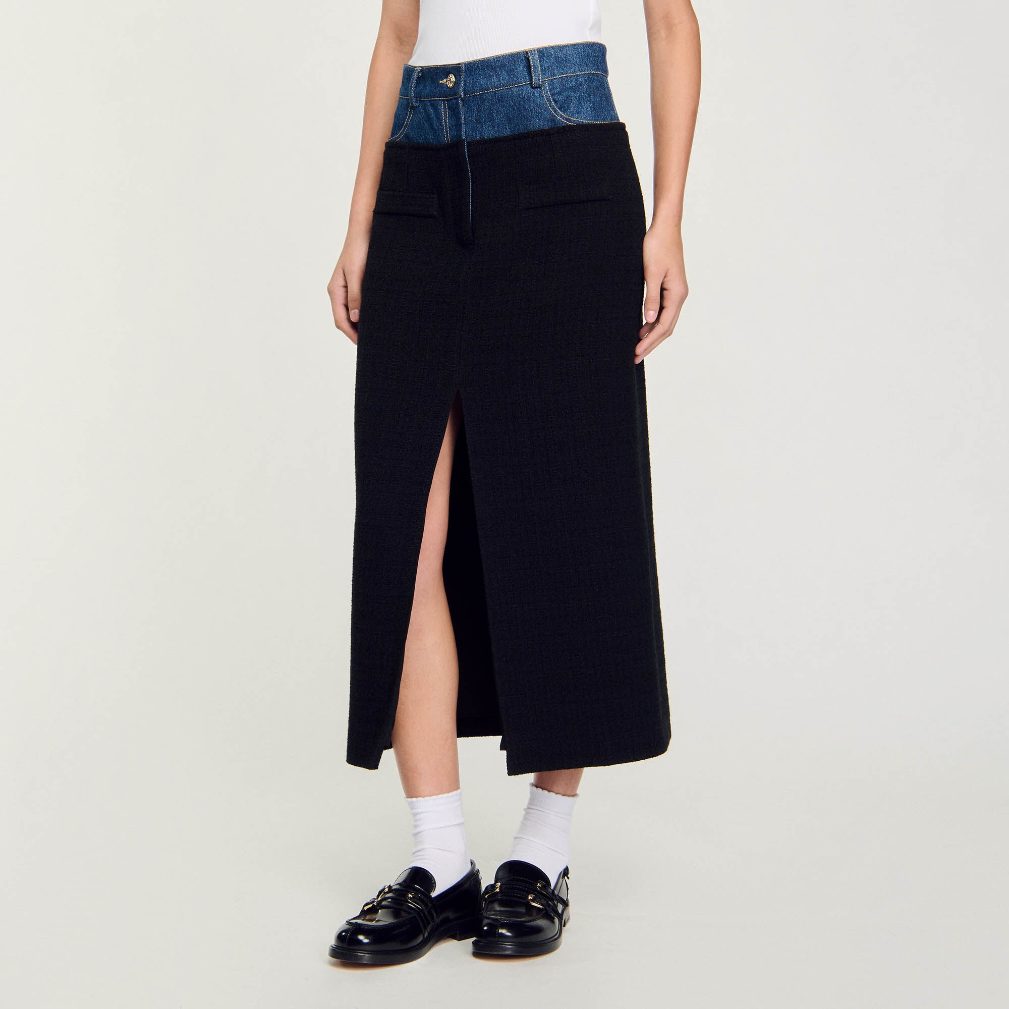 DUAL-MATERIAL DENIM AND TWEED SKIRT - 5