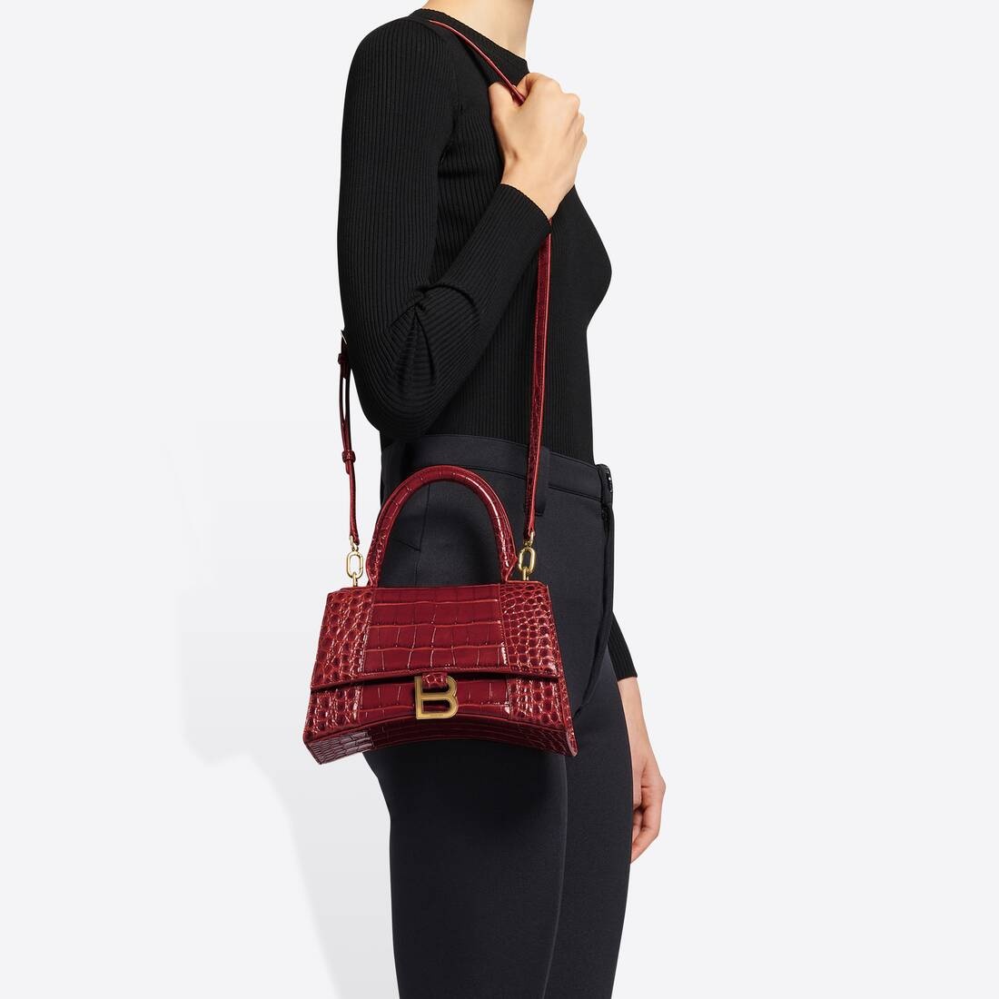 Women's Hourglass Small Handbag Crocodile Embossed in Dark Red - 6