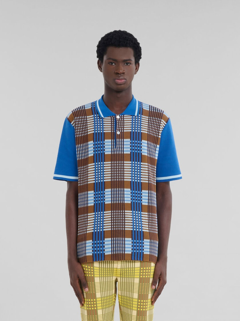 Marni BLUE AND BROWN CHECKED COTTON POLO SHIRT outlook