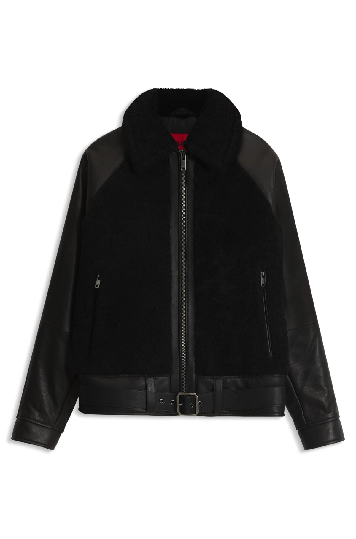 BELTED LEATHER JACKET WITH SHEARLING PANELS - 1
