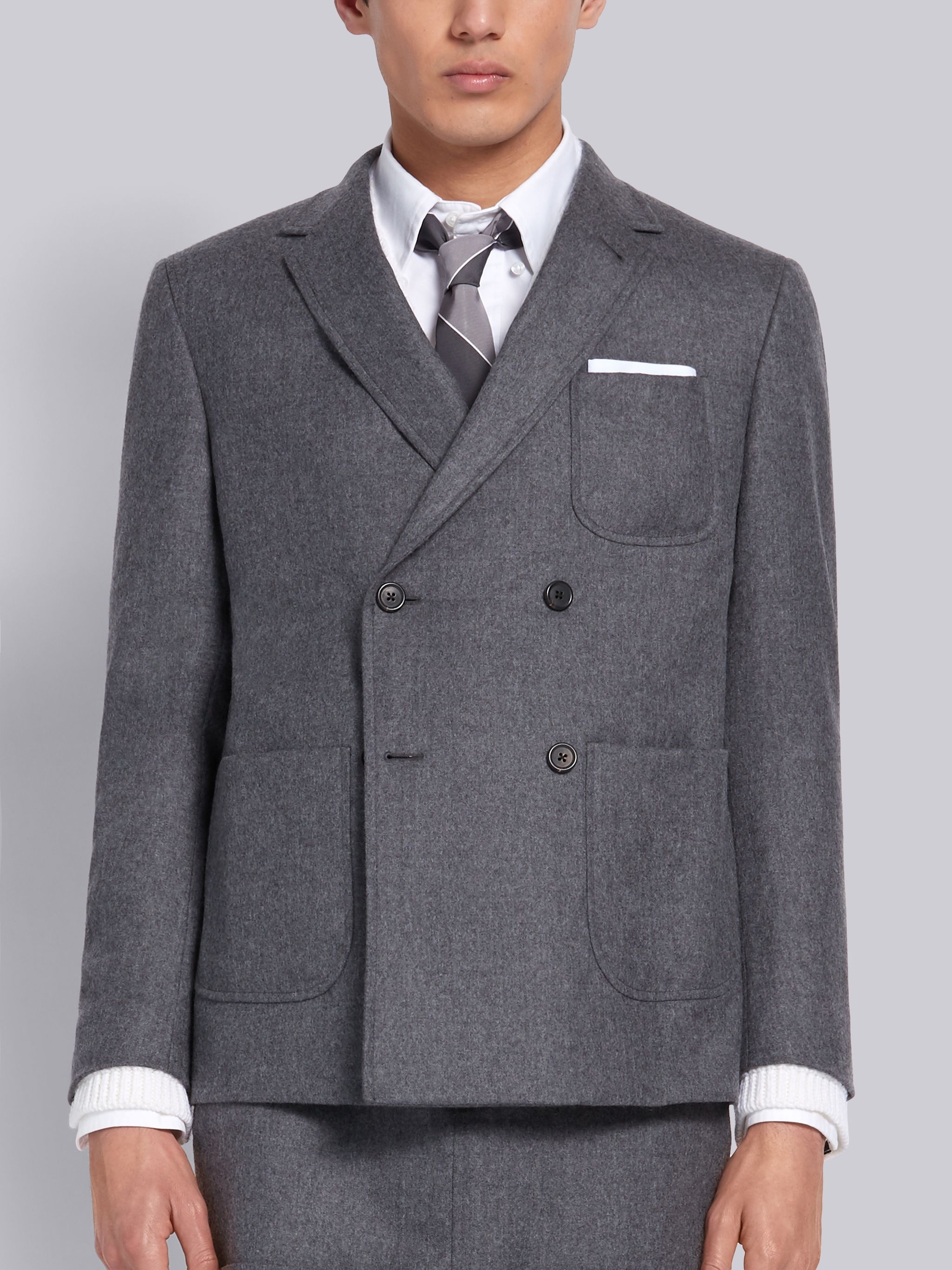 Medium Grey Wool Flannel Double Breasted Sack Jacket - 1