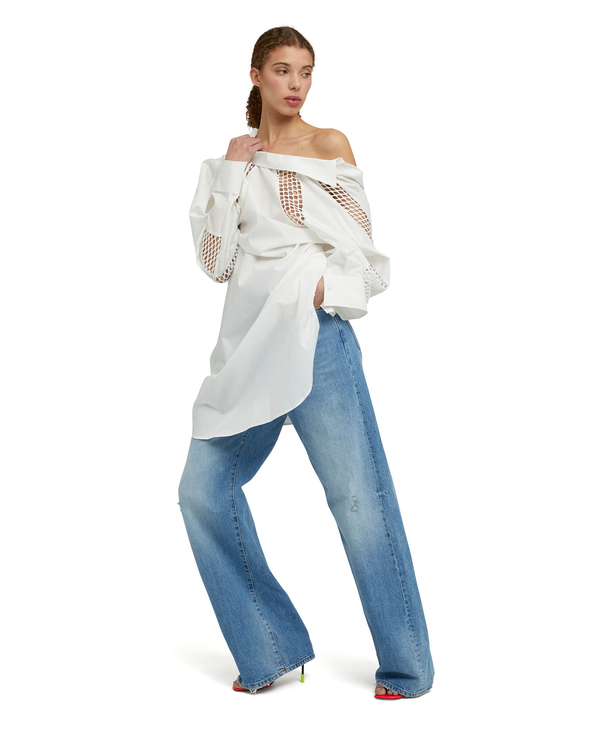 Poplin cotton tailored chemisier dress with mesh details - 5