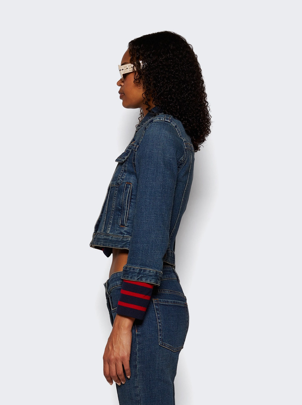 Cropped Stretch Denim Jacket Blue - 4
