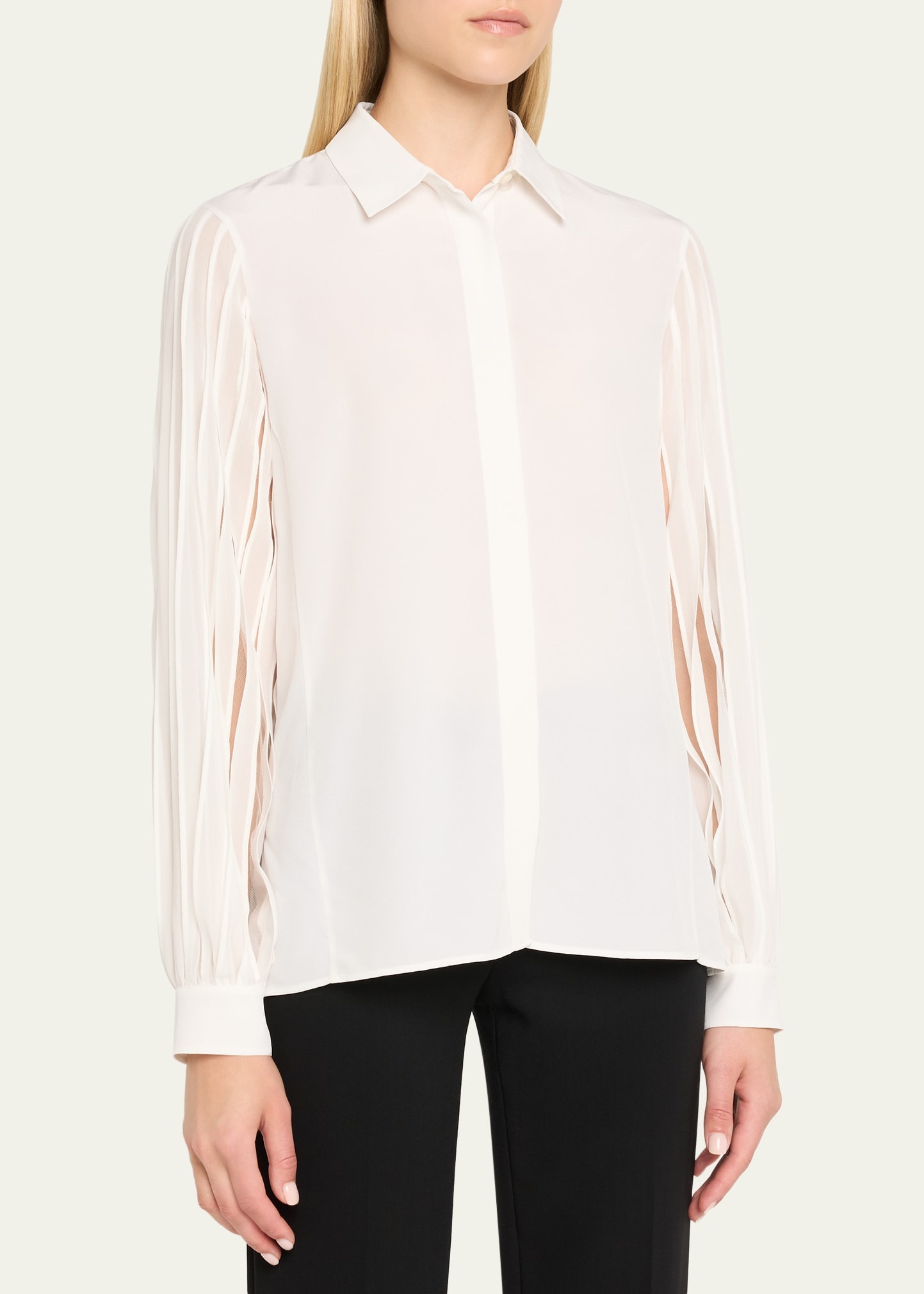 Silk Crepe Pleated-Sleeve Blouse - 4