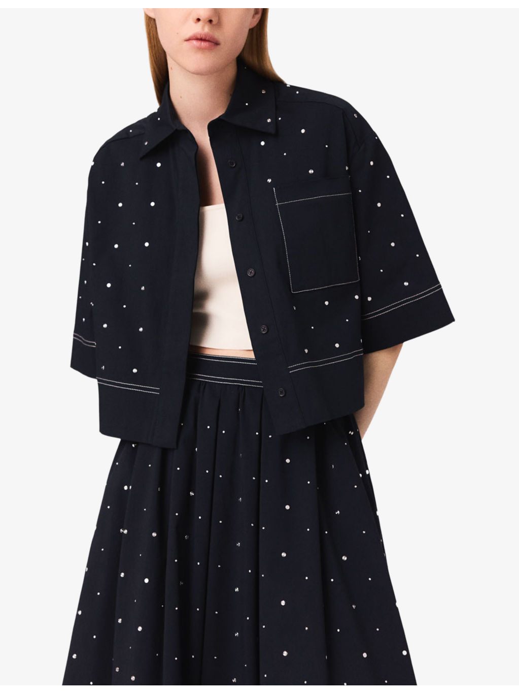 Stud-Embellished Cropped Stretch Cotton-Blend Shirt - 3