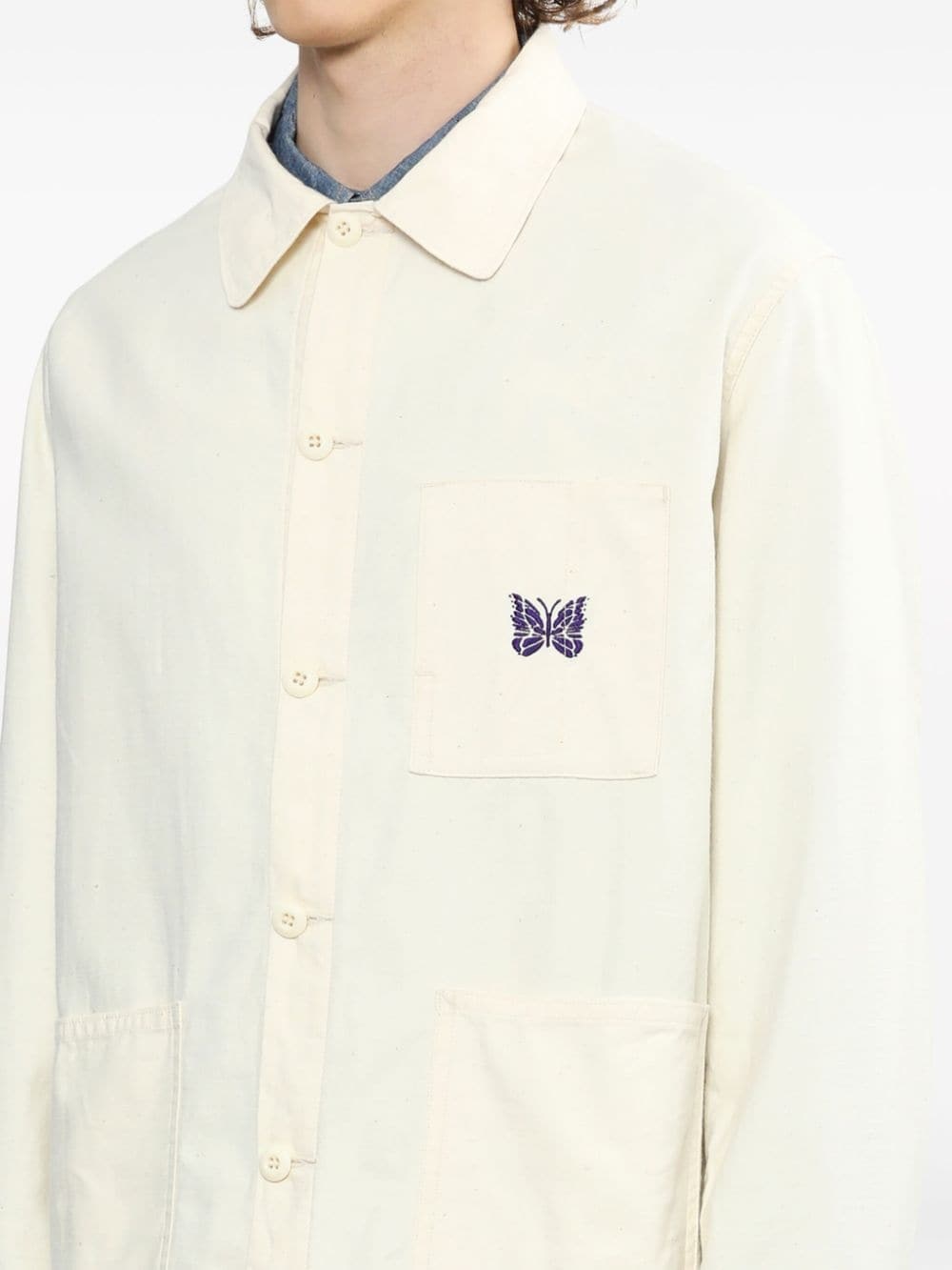 logo-embroidered cotton shirt jacket - 5