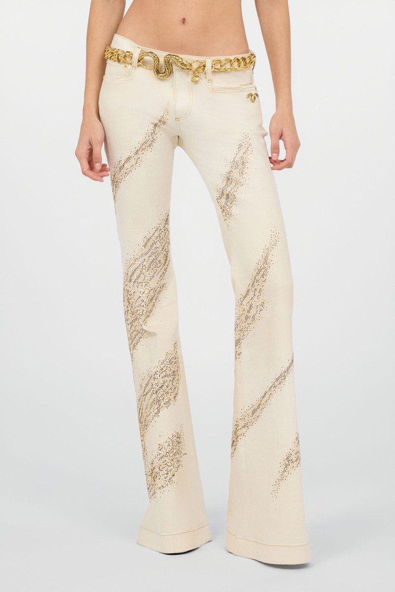 Ivory flared jeans with gold animal-print detailing 3