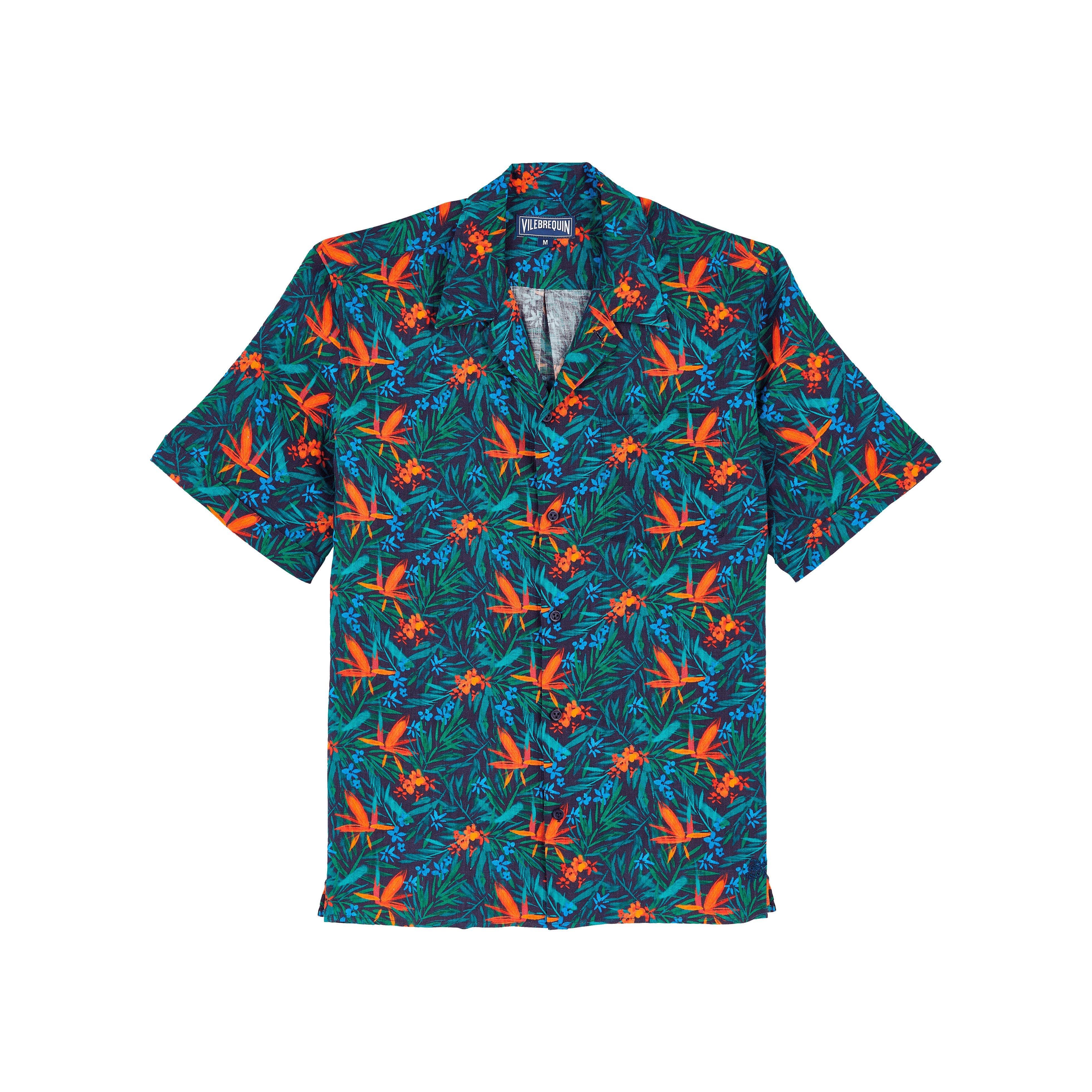 Vilebrequin Men's Tropical Flower Printed Linen Shirt in Bleu Marine at Nordstrom - 3