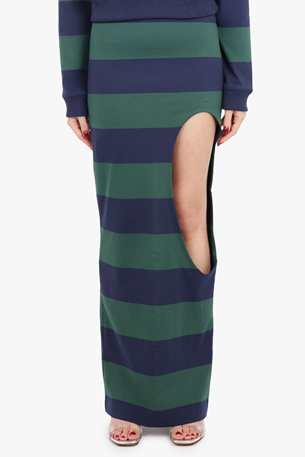 CUT OUT STRIPE PENCIL MAXI SKIRT | GREEN/NAVY - 3