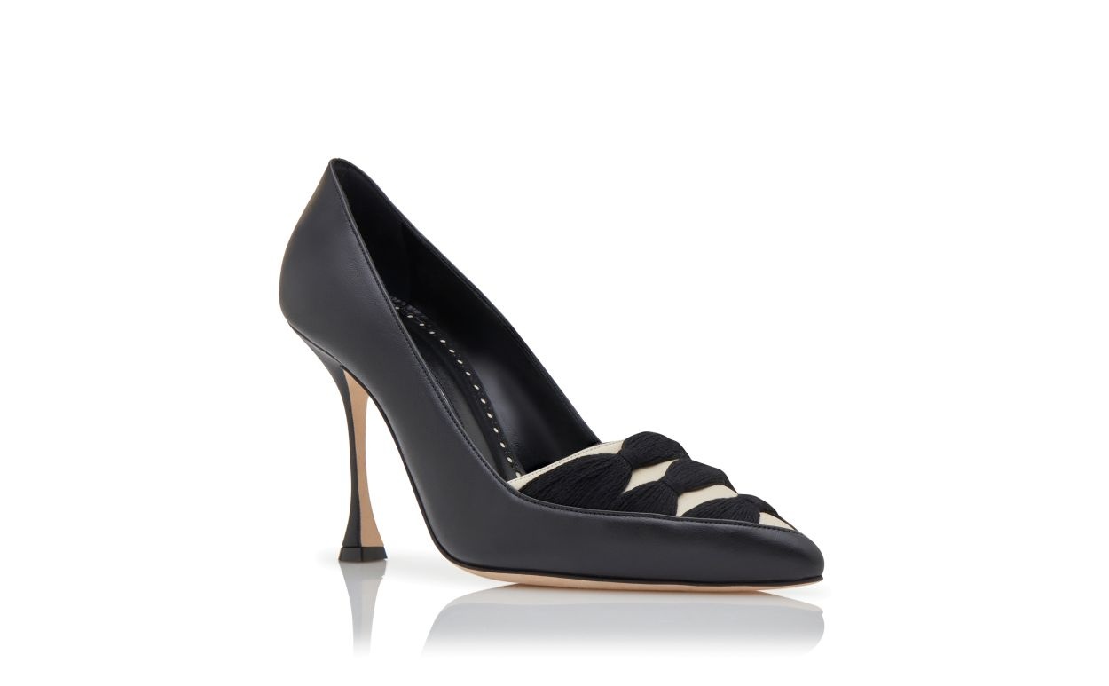 Black and Cream Nappa Leather Ruched Pumps - 3