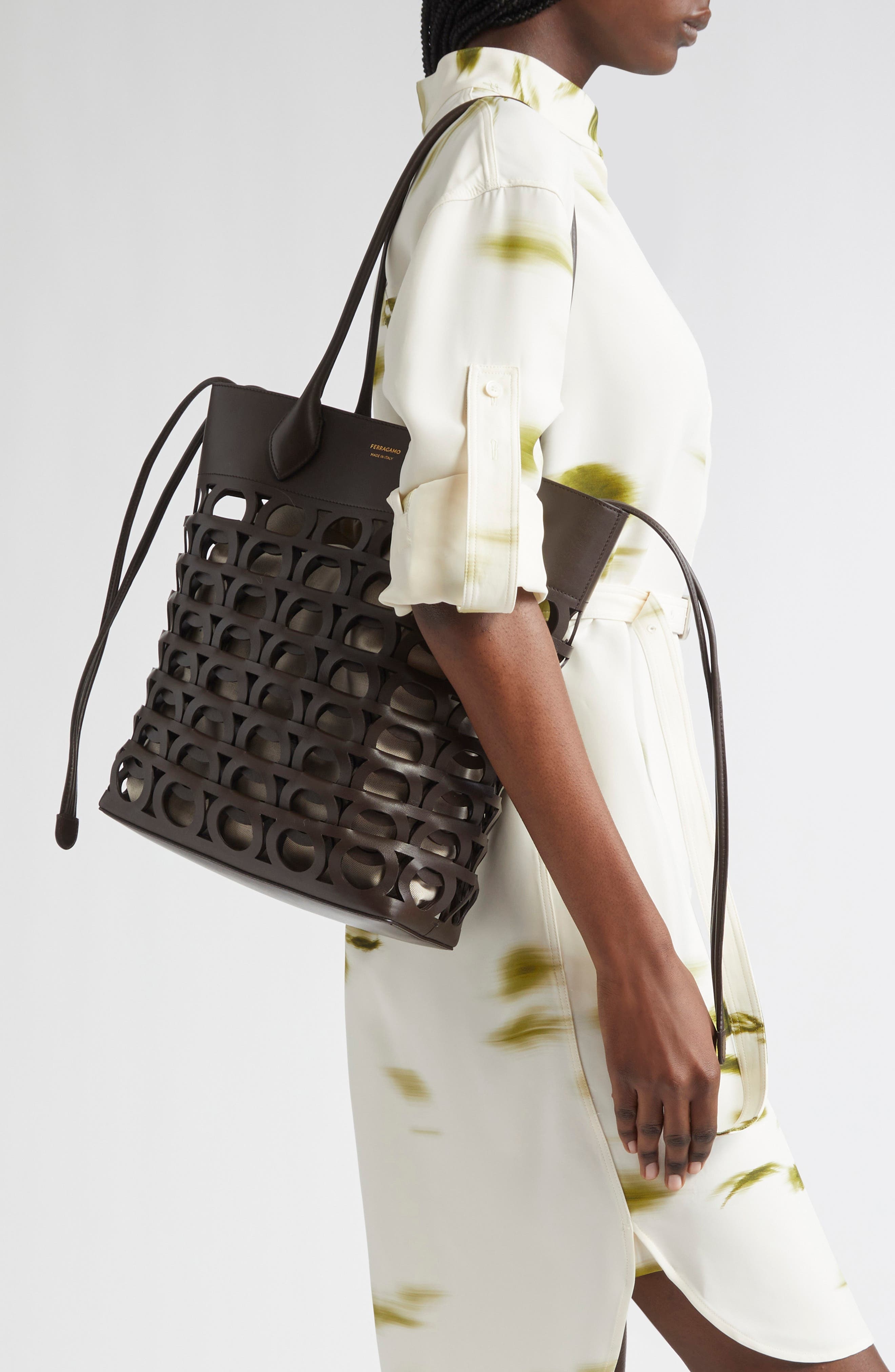 FERRAGAMO Medium Gancini Perforated Leather Tote in Testa Di M Naturale at Nordstrom - 2