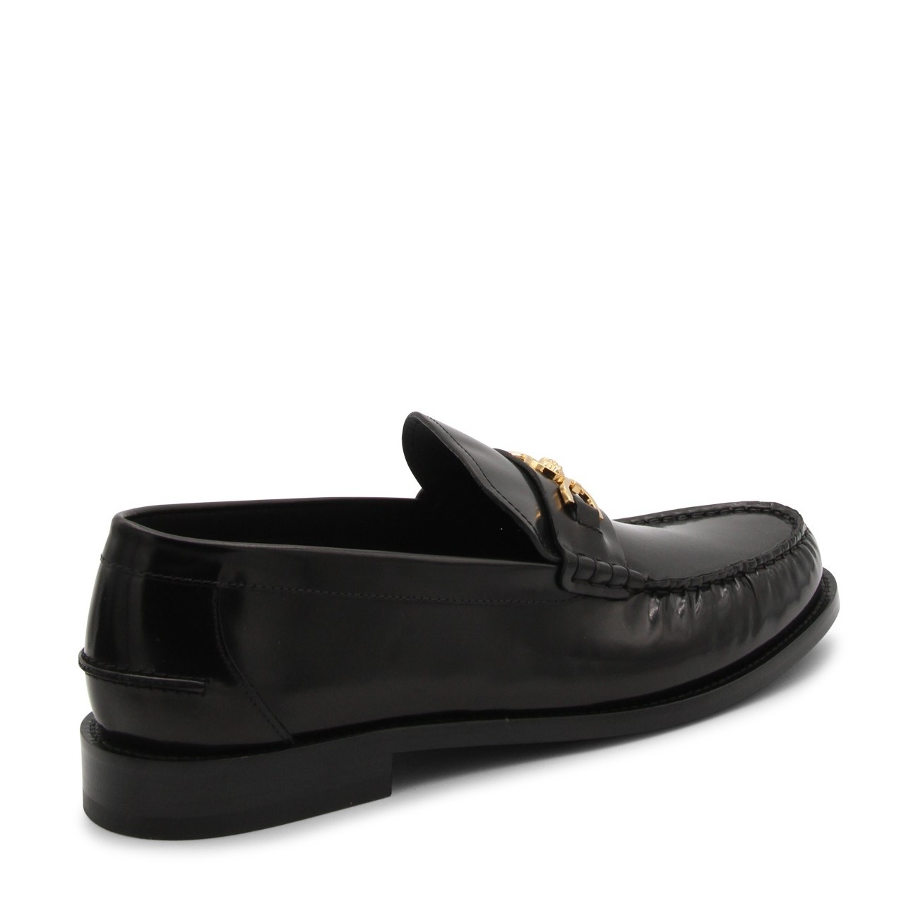 black and gold leather medusa loafers - 3