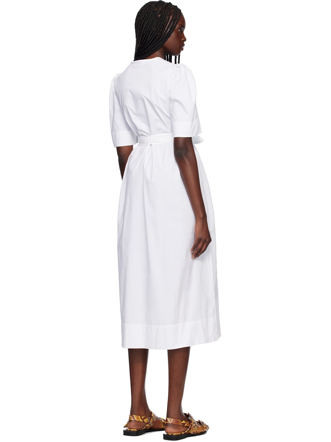 White Stretch Cotton Tie Strap Midi Dress - 3