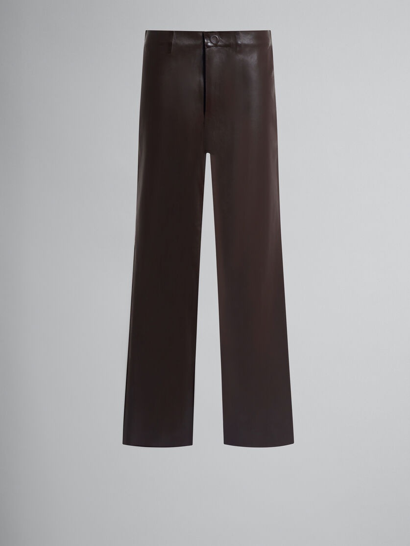 BROWN WOOL AND COATED FABRIC TROUSERS - 1