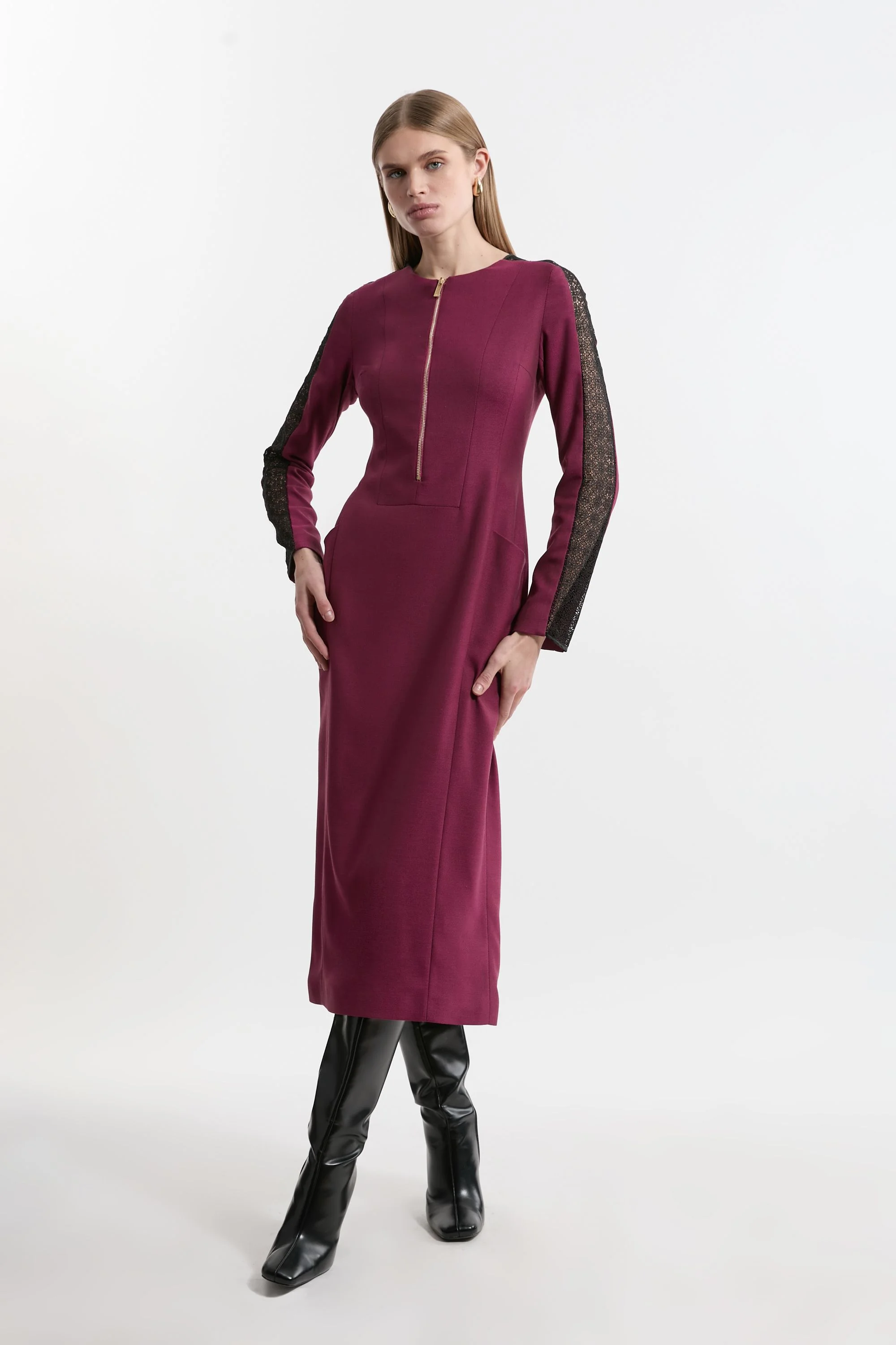Tailored Twill Lace Mix Zip Front Midi Dress - 1