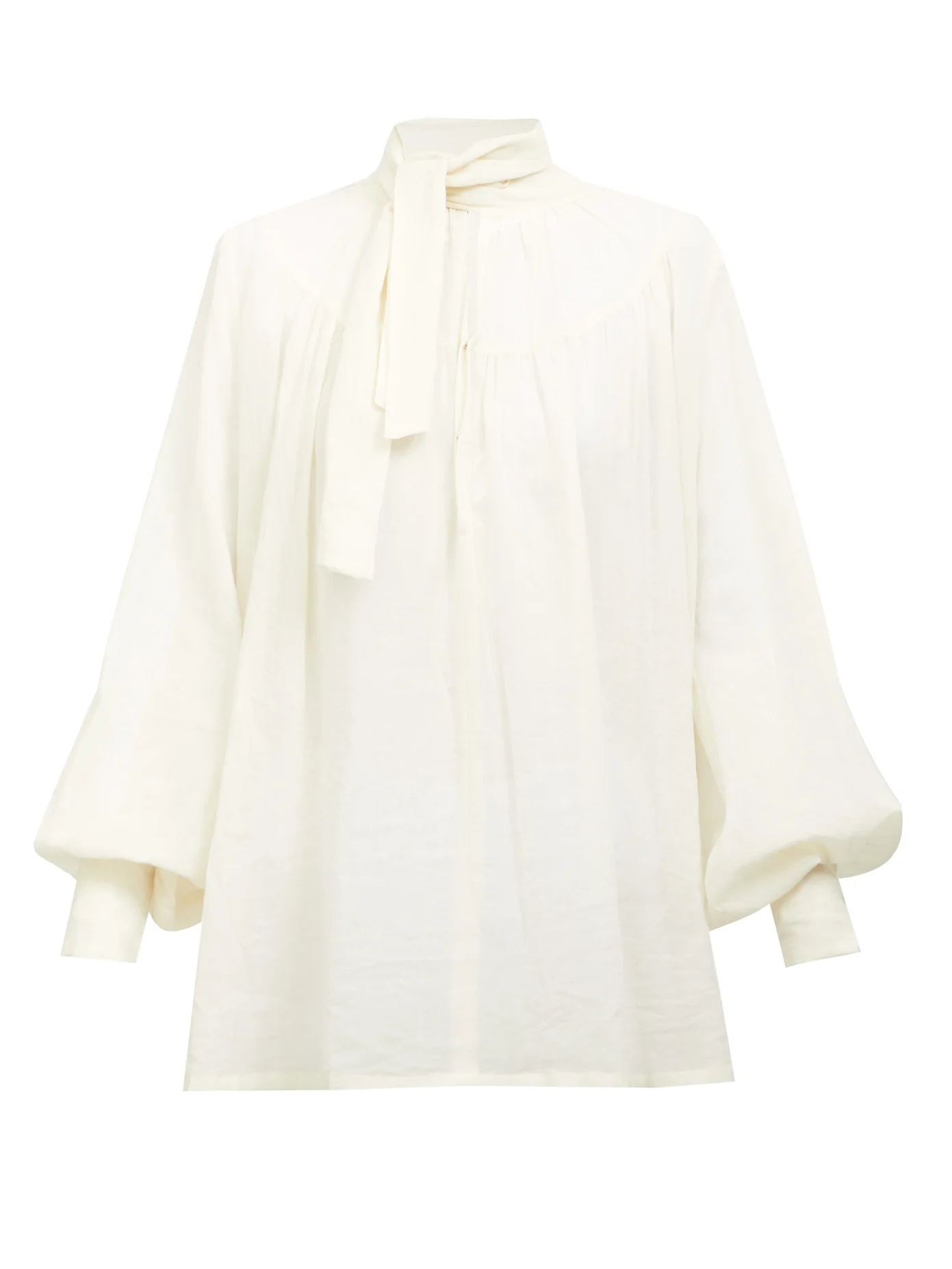 Tie-neck balloon-sleeve cotton-voile blouse - 1