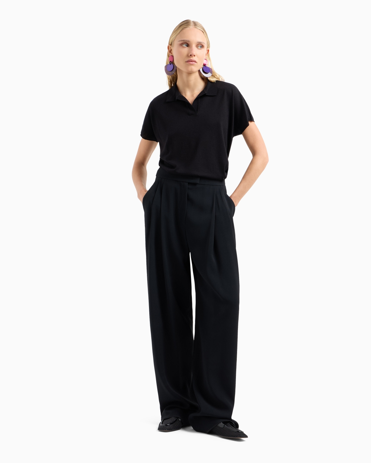 Polo-shirt collar jumper in a decrease stockinette stitch virgin-wool and silk blend - 4