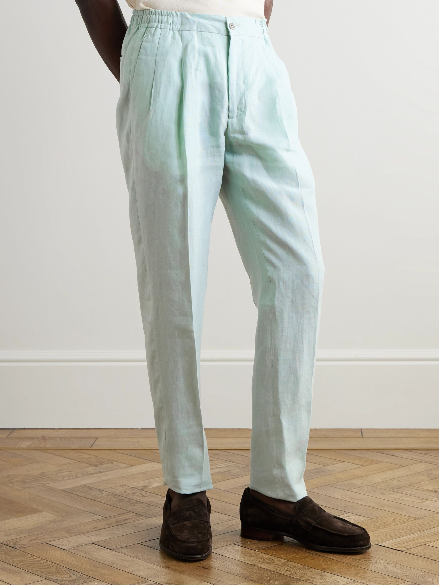 Straight-Leg Linen Drawstring Trousers Blue - 3