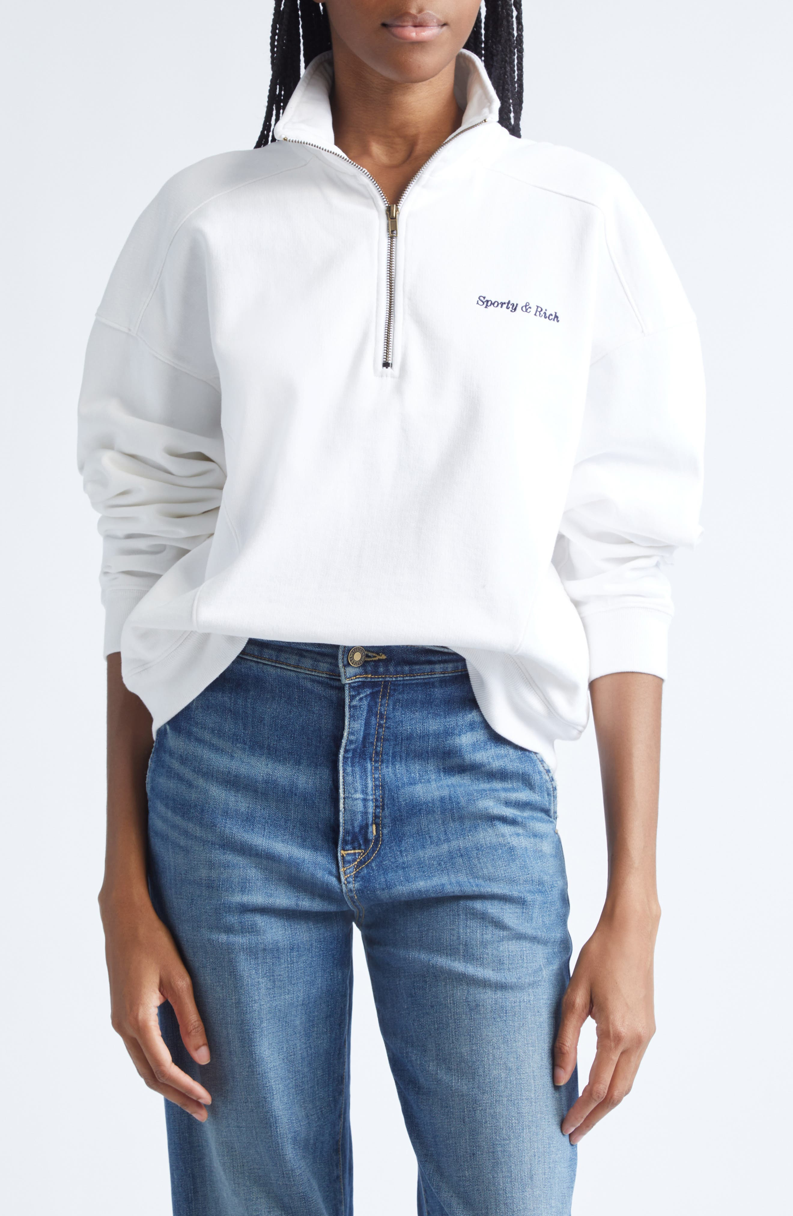Sporty & Rich Eden Crest Quarter-Zip Cotton Fleece Sweatshirt in White at Nordstrom - 1