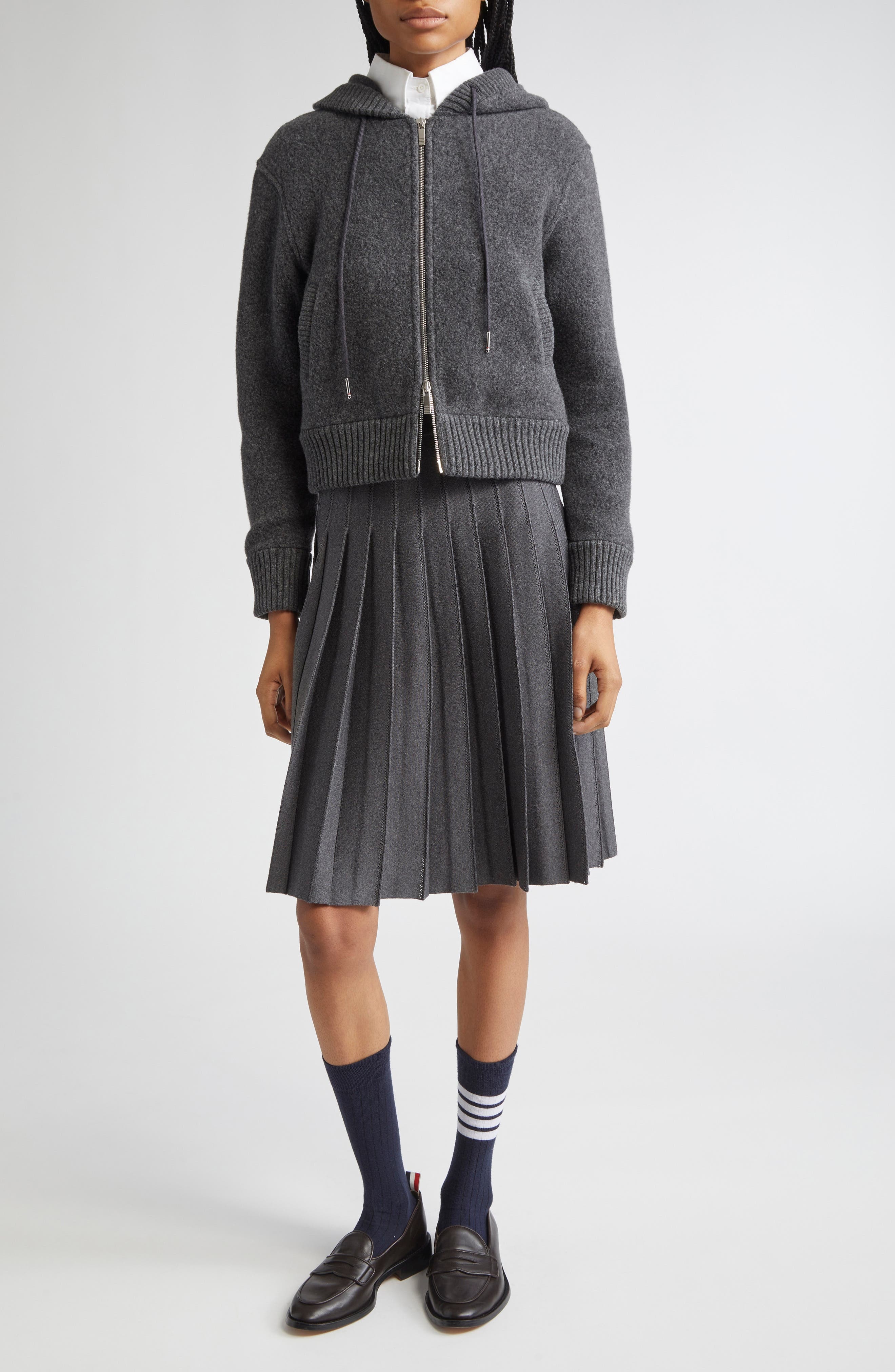 Thom Browne Wool Fleece Full Zip Hoodie in Charcoal at Nordstrom - 2