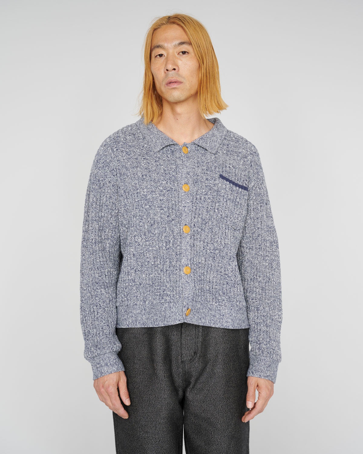 Rib Knit Button Up Sweater - Blue - 4
