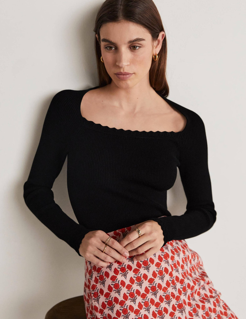 Ribbed Square Neck Knitted Top-Black 5