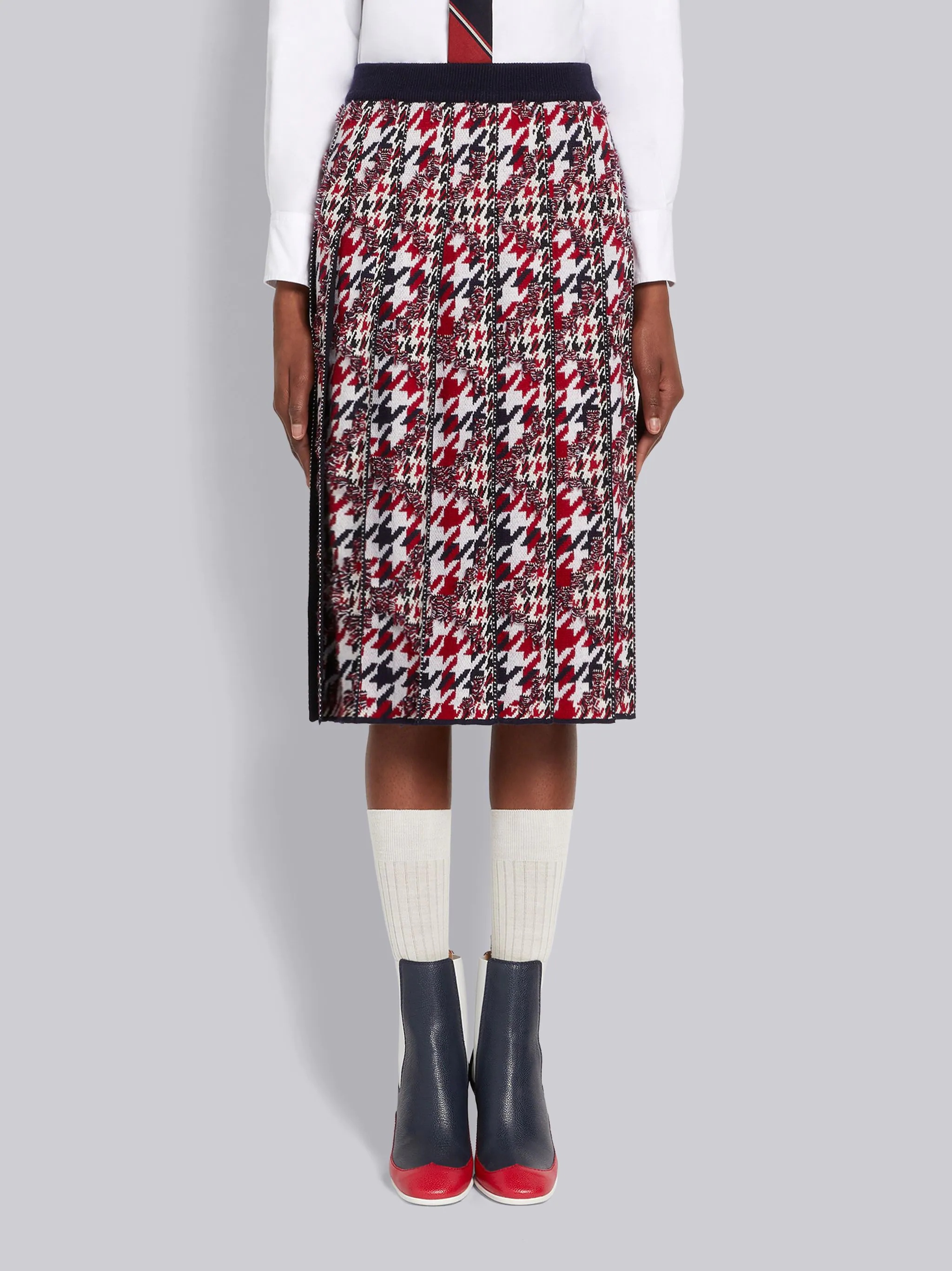 Multicolor Frayed Houndstooth Wool Cotton Jacquard Pleated Below-the-Knee Skirt - 1